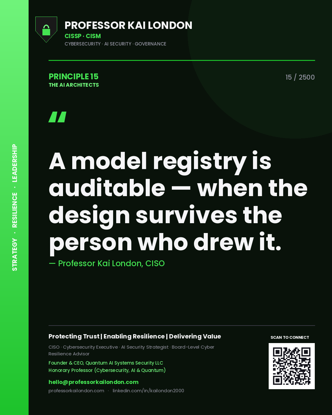 Quote card by Professor Kai London reading 'A model registry is auditable — when the design survives the person who drew it.'. From the book The AI Architects.