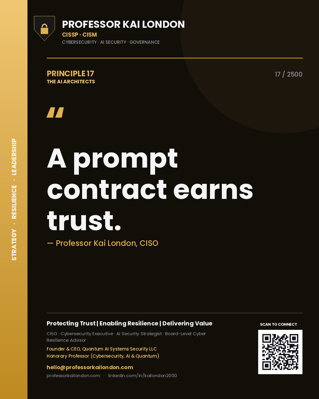 Quote card by Professor Kai London reading 'A prompt contract earns trust.'. From the book The AI Architects.