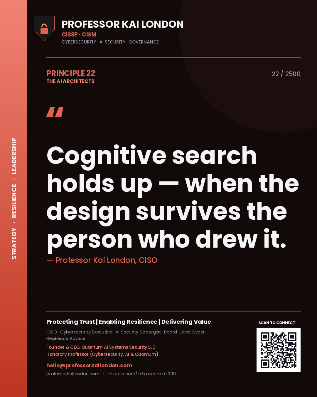 Professor Kai London principle 22: Cognitive search holds up — when the design survives the person who drew it.