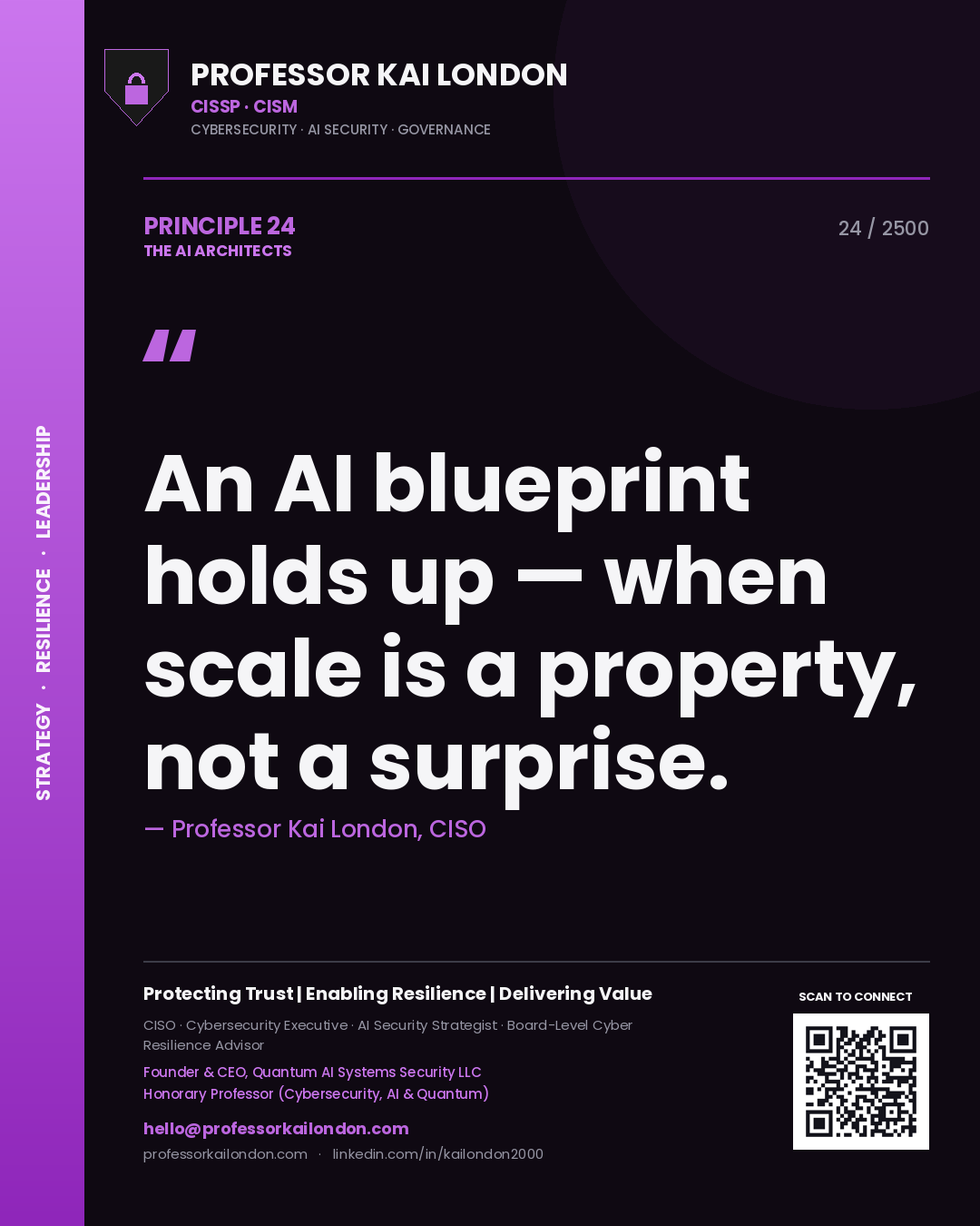 Quote card by Professor Kai London reading 'An AI blueprint holds up — when scale is a property, not a surprise.'. From the book The AI Architects.