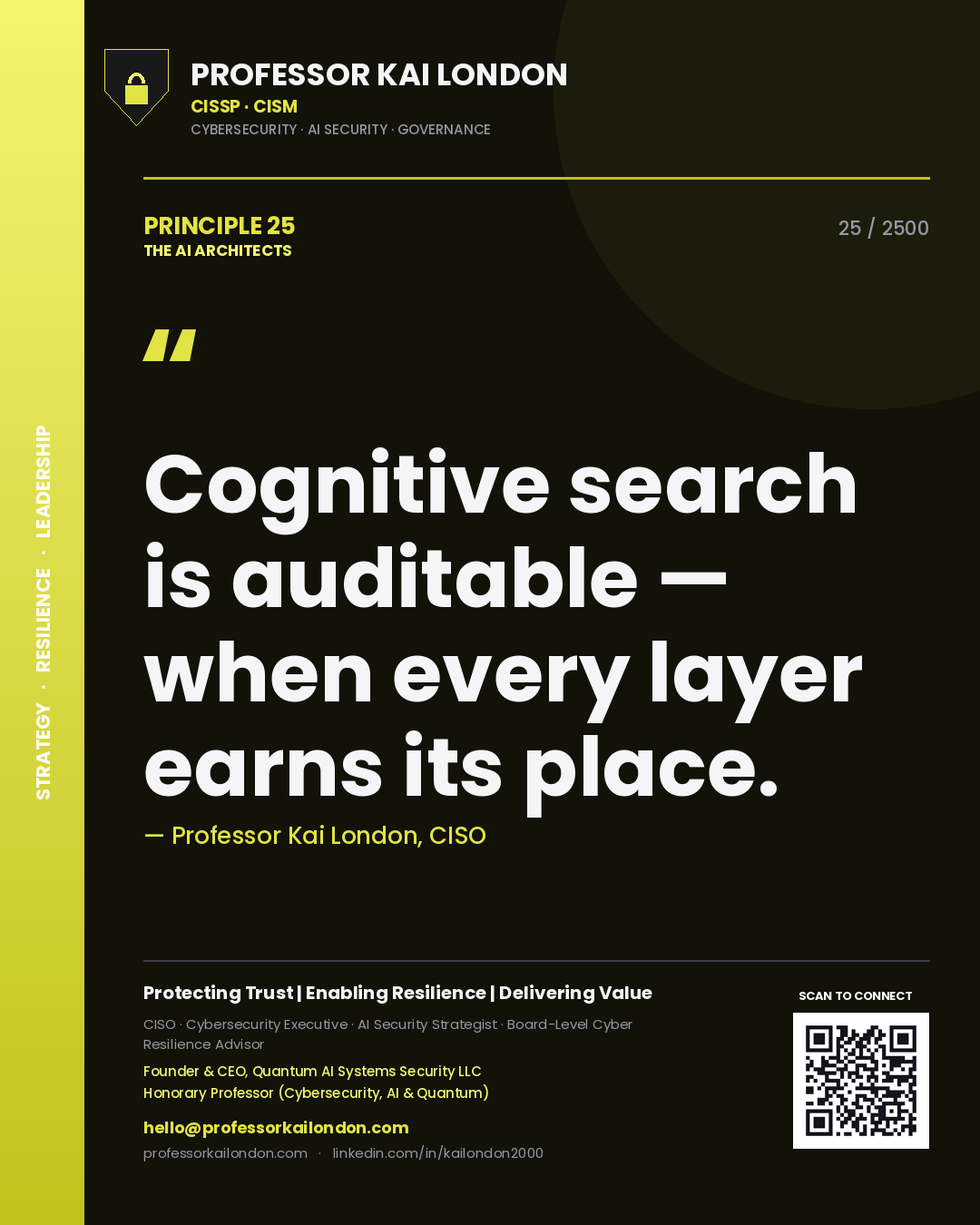 Quote card by Professor Kai London reading 'Cognitive search is auditable — when every layer earns its place.'. From the book The AI Architects.