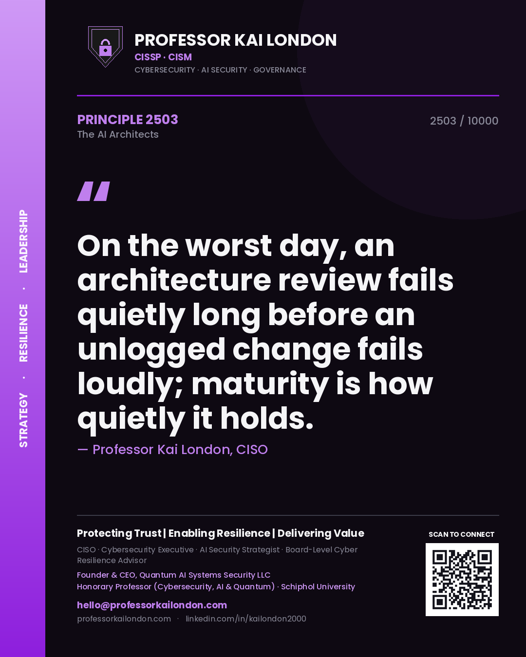Quote card by Professor Kai London reading 'On the worst day, an architecture review fails quietly long before an unlogged change fails loudly; maturity is how quietly it holds.'. From the book The AI Architects.