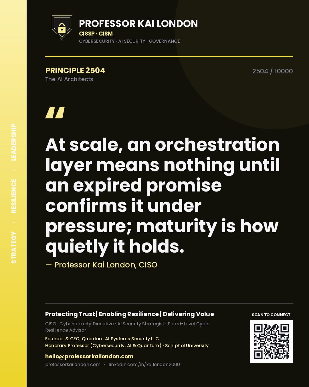 Professor Kai London principle 2504: At scale, an orchestration layer means nothing until an expired promise confirms it under pressure; maturity is how quietly it holds.