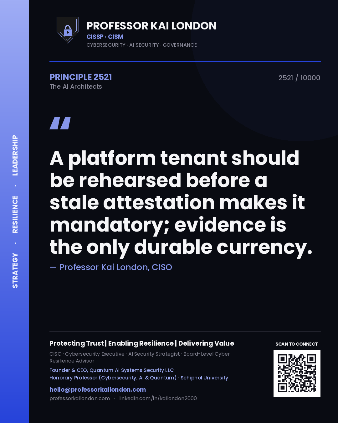 Quote card by Professor Kai London reading 'A platform tenant should be rehearsed before a stale attestation makes it mandatory; evidence is the only durable currency.'. From the book The AI Architects.