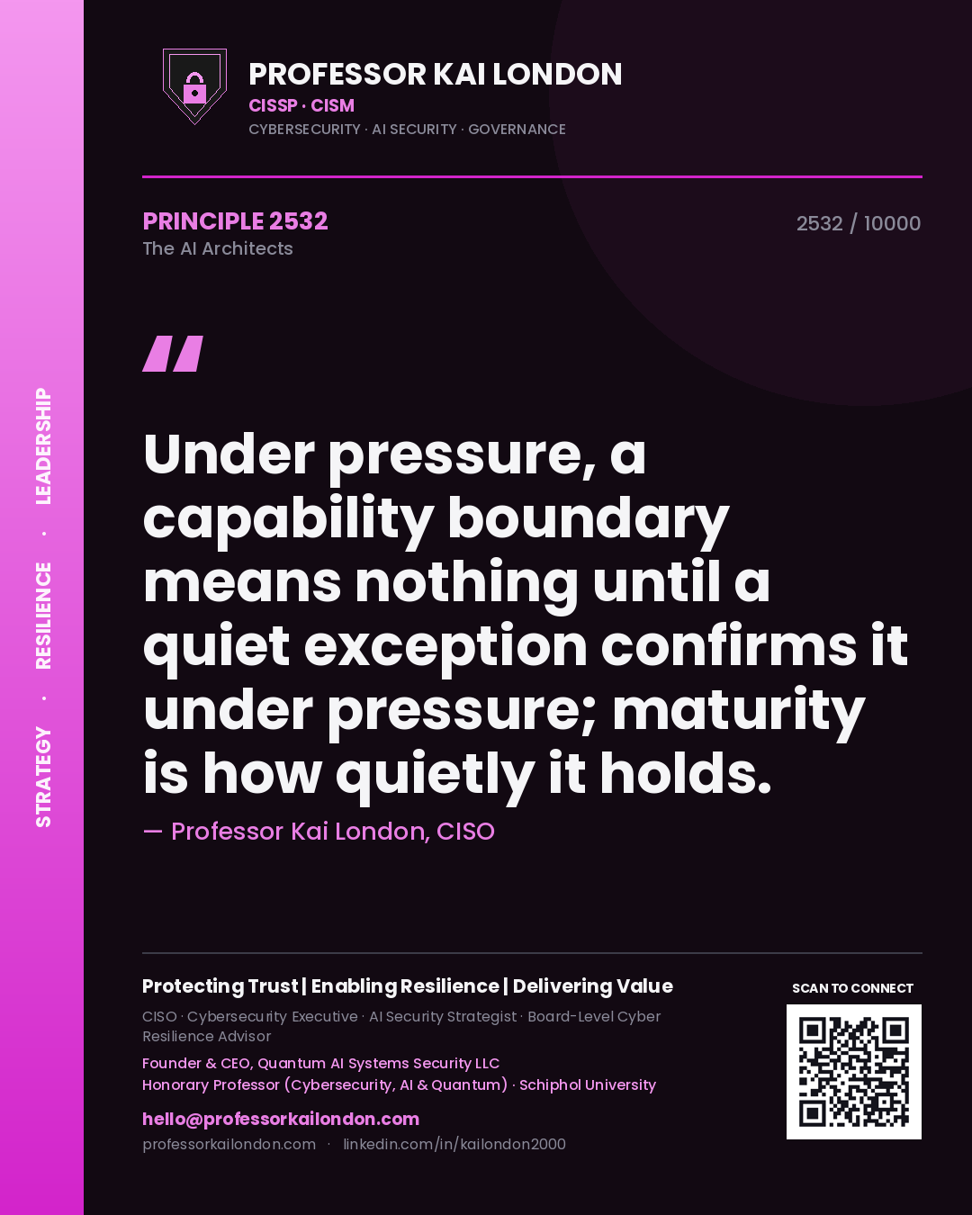Professor Kai London principle 2532: Under pressure, a capability boundary means nothing until a quiet exception confirms it under pressure; maturity is how quietly it holds.