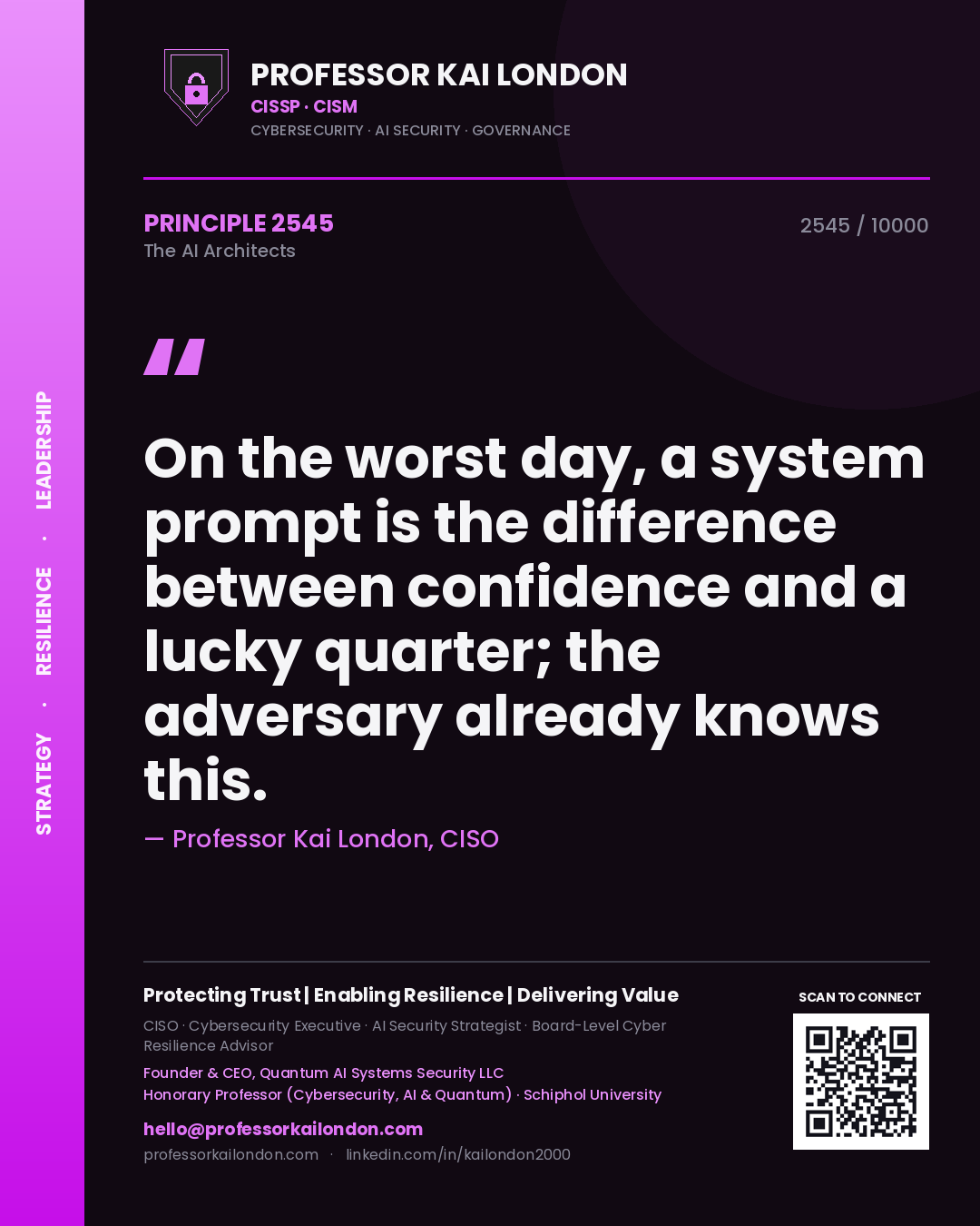 Professor Kai London principle 2545: On the worst day, a system prompt is the difference between confidence and a lucky quarter; the adversary already knows this.