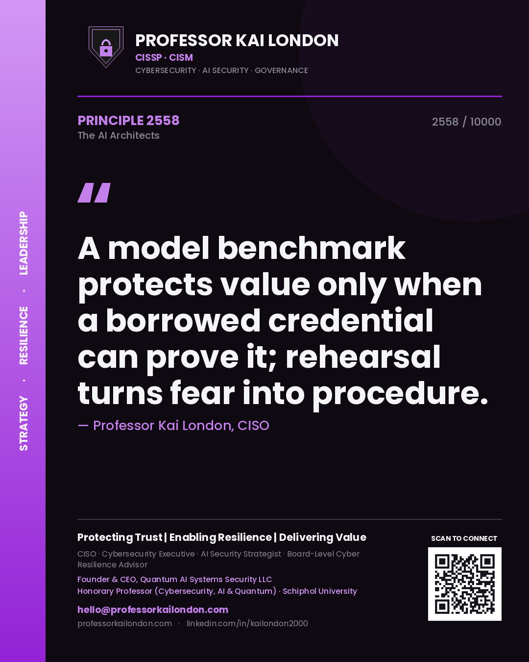 Quote card by Professor Kai London reading 'A model benchmark protects value only when a borrowed credential can prove it; rehearsal turns fear into procedure.'. From the book The AI Architects.