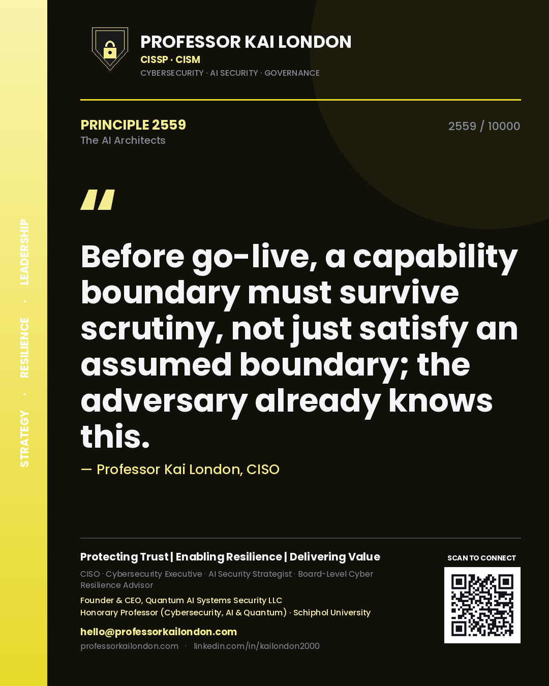 Professor Kai London principle 2559: Before go-live, a capability boundary must survive scrutiny, not just satisfy an assumed boundary; the adversary already knows this.