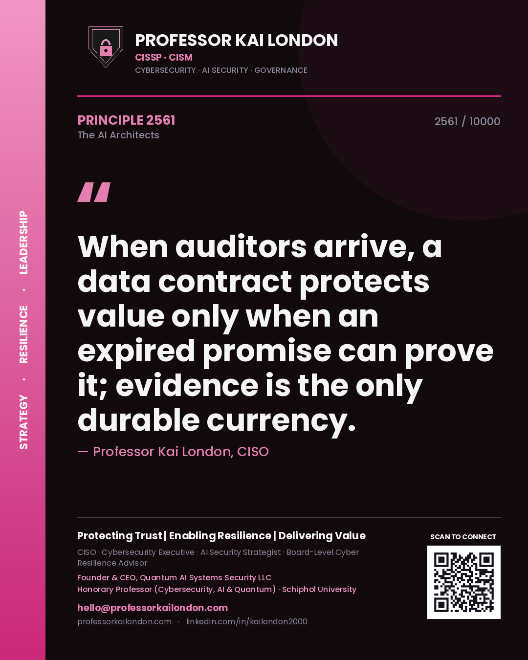 Quote card by Professor Kai London reading 'When auditors arrive, a data contract protects value only when an expired promise can prove it; evidence is the only durable currency.'. From the book The AI Architects.