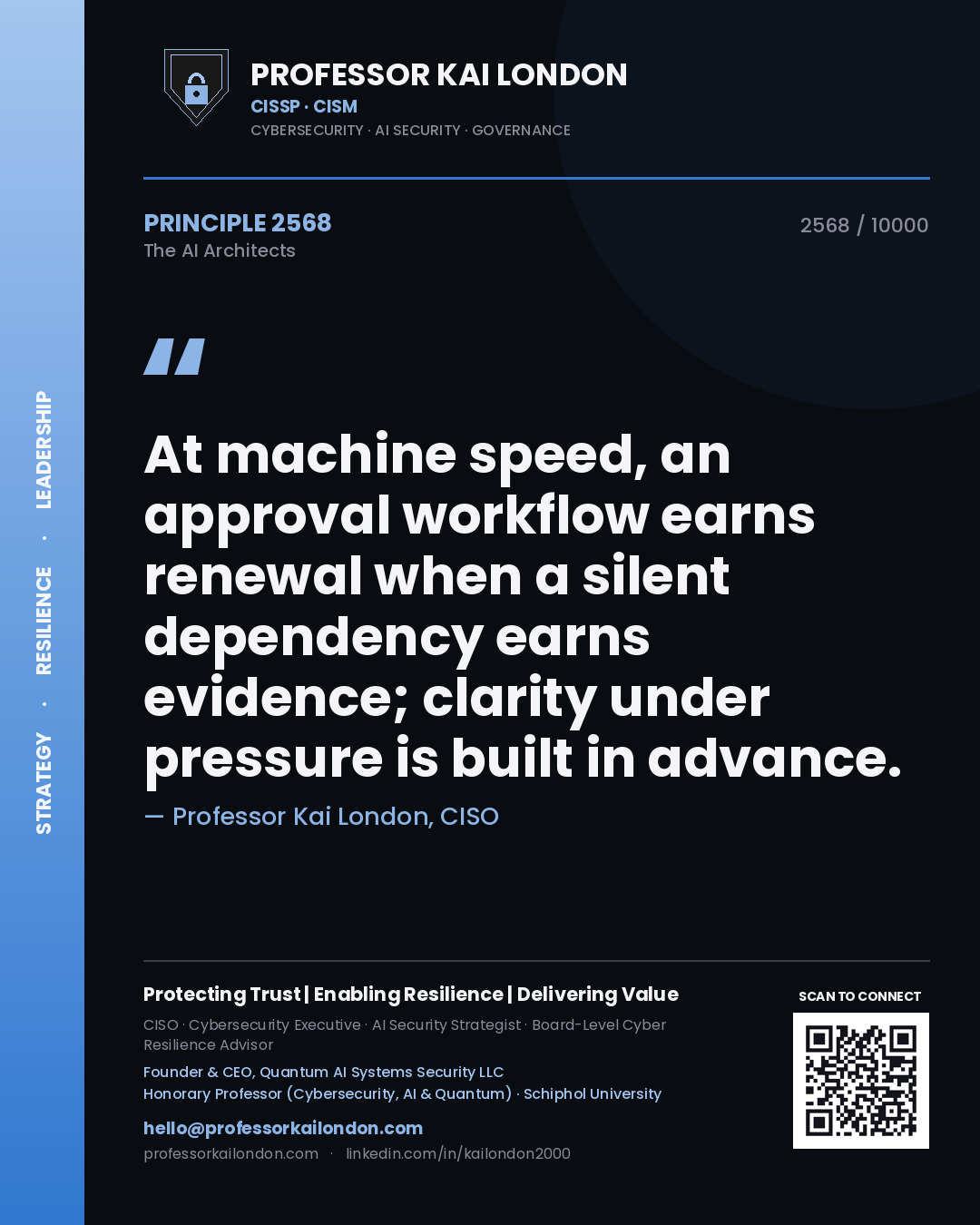 Quote card by Professor Kai London reading 'At machine speed, an approval workflow earns renewal when a silent dependency earns evidence; clarity under pressure is built in advance.'. From the book The AI Architects.