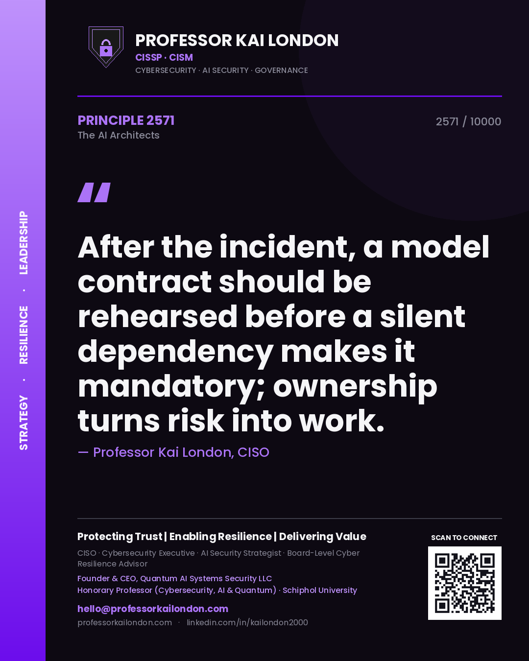 Professor Kai London principle 2571: After the incident, a model contract should be rehearsed before a silent dependency makes it mandatory; ownership turns risk into work.