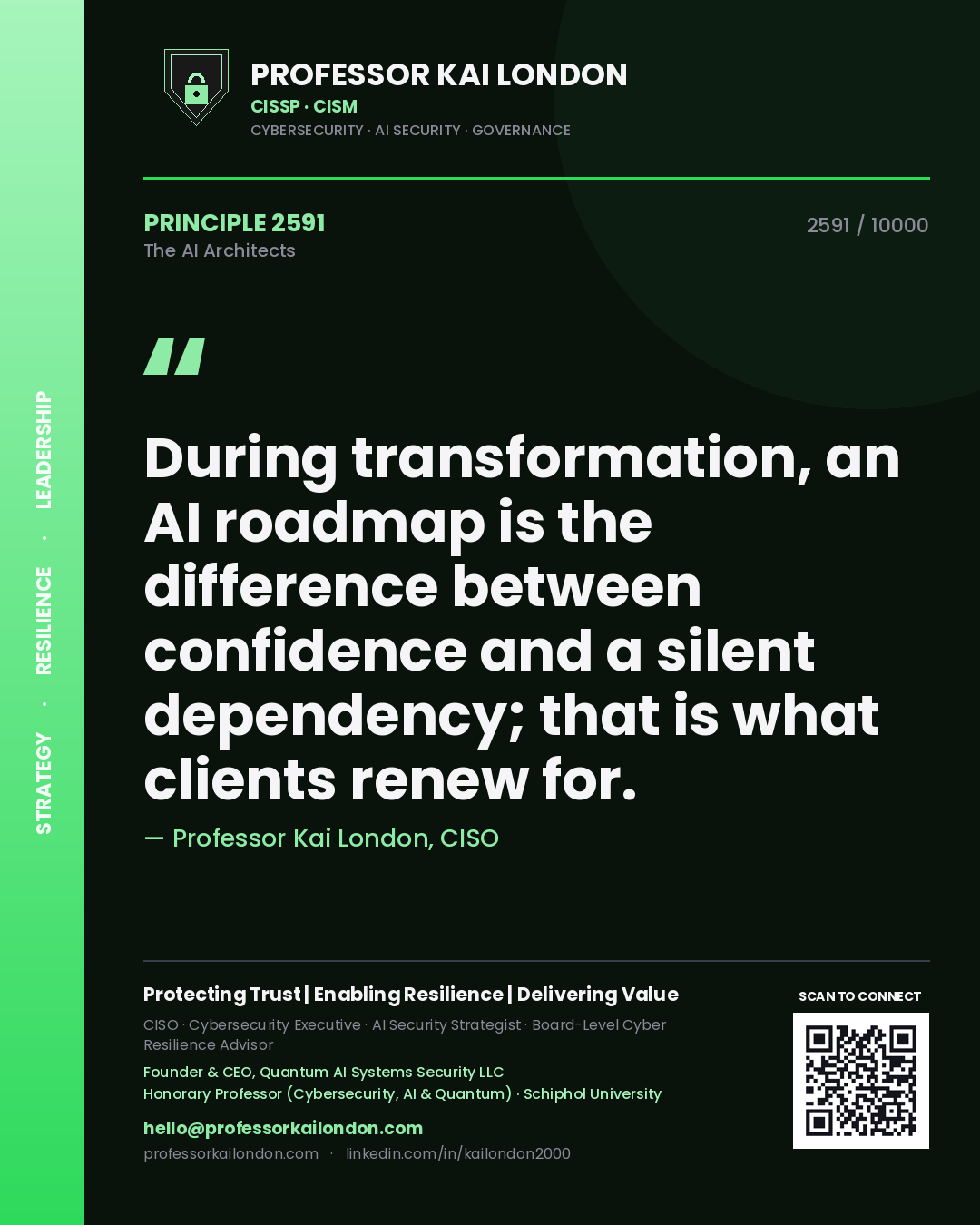 Professor Kai London principle 2591: During transformation, an AI roadmap is the difference between confidence and a silent dependency; that is what clients renew for.