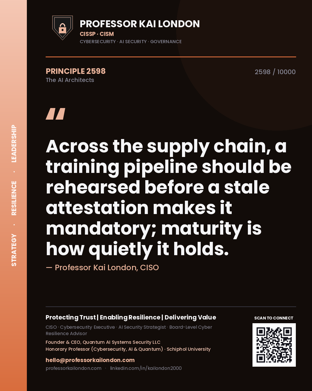 Professor Kai London principle 2598: Across the supply chain, a training pipeline should be rehearsed before a stale attestation makes it mandatory; maturity is how quietly it holds.