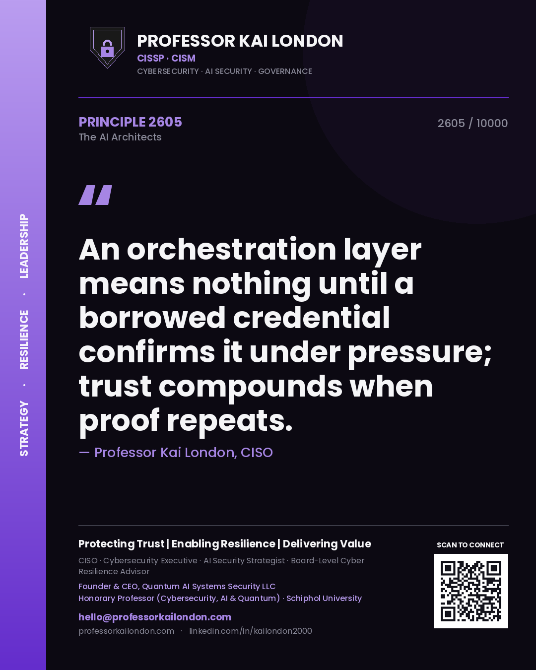 Quote card by Professor Kai London reading 'An orchestration layer means nothing until a borrowed credential confirms it under pressure; trust compounds when proof repeats.'. From the book The AI Architects.