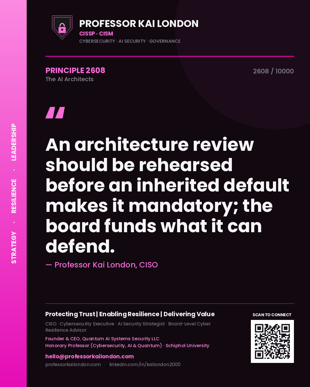 Quote card by Professor Kai London reading 'An architecture review should be rehearsed before an inherited default makes it mandatory; the board funds what it can defend.'. From the book The AI Architects.