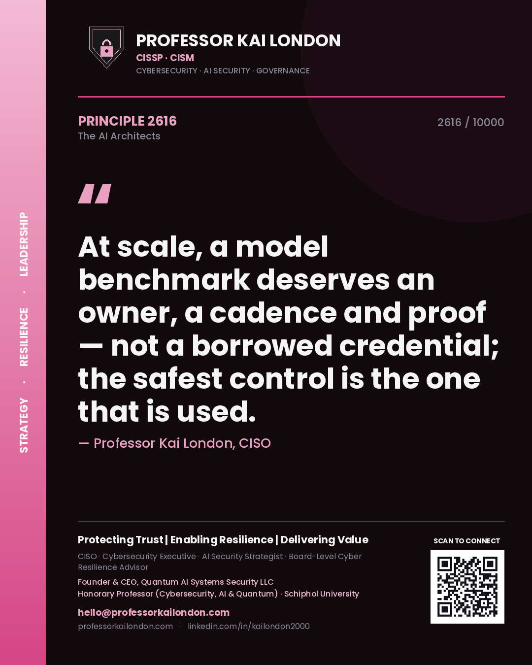 Quote card by Professor Kai London reading 'At scale, a model benchmark deserves an owner, a cadence and proof — not a borrowed credential; the safest control is the one that is used.'. From the book The AI Architects.