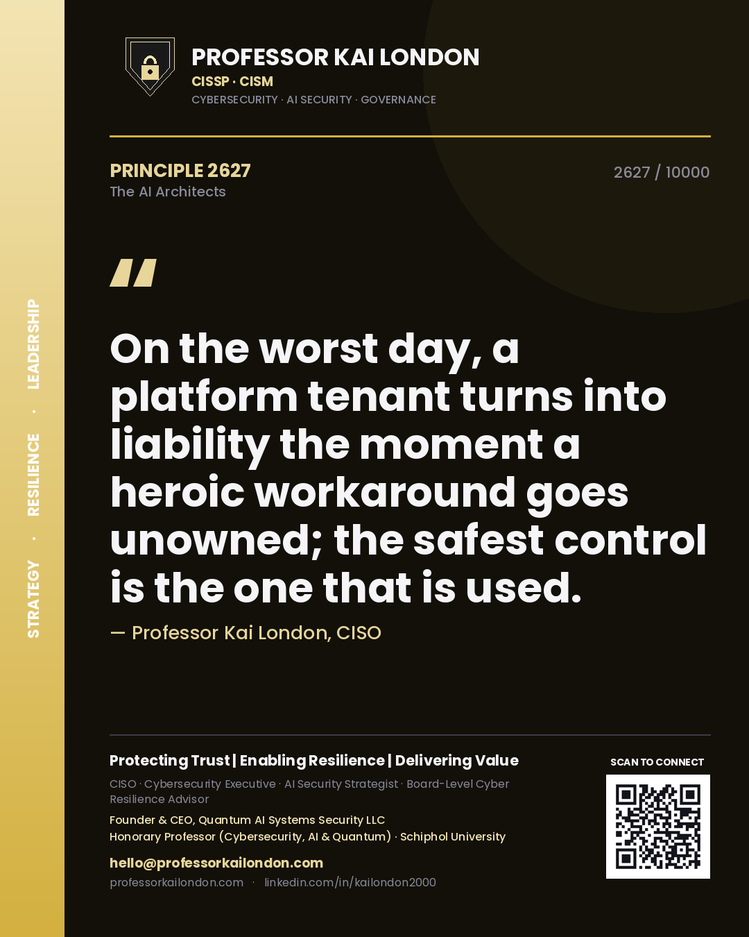 Quote card by Professor Kai London reading 'On the worst day, a platform tenant turns into liability the moment a heroic workaround goes unowned; the safest control is the one that is used.'. From the book The AI Architects.