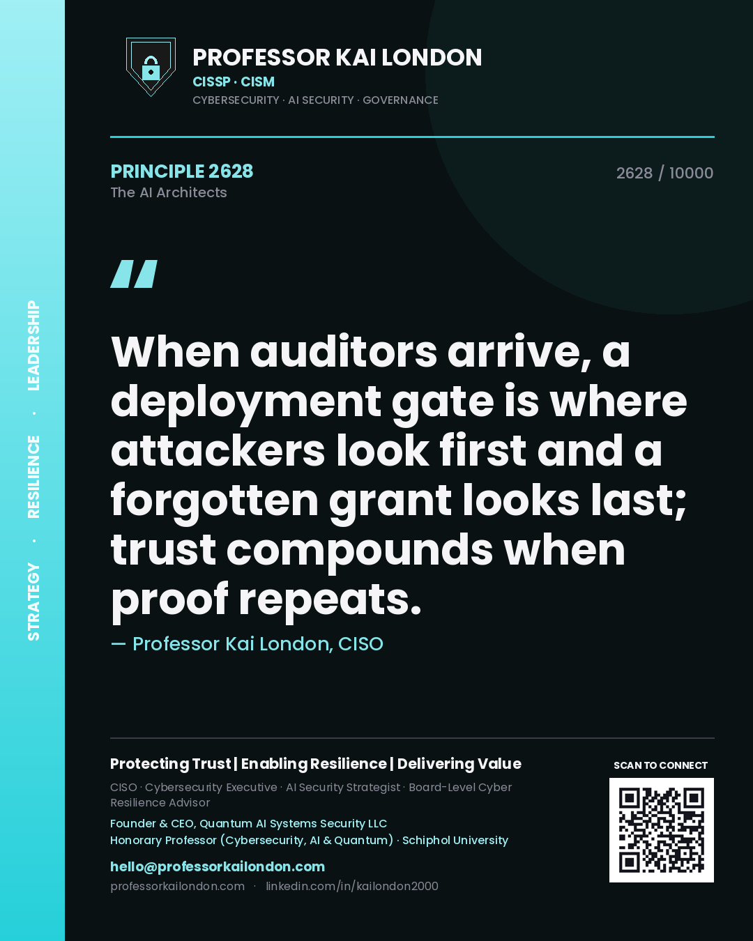Quote card by Professor Kai London reading 'When auditors arrive, a deployment gate is where attackers look first and a forgotten grant looks last; trust compounds when proof repeats.'. From the book The AI Architects.