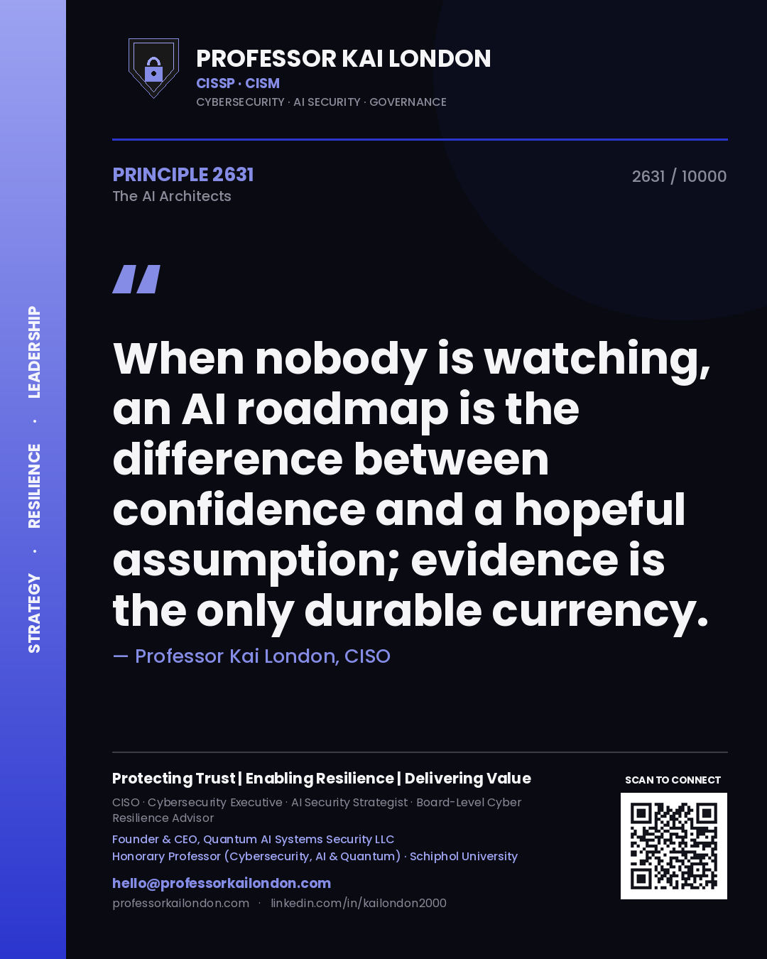 Quote card by Professor Kai London reading 'When nobody is watching, an AI roadmap is the difference between confidence and a hopeful assumption; evidence is the only durable currency.'. From the book The AI Architects.
