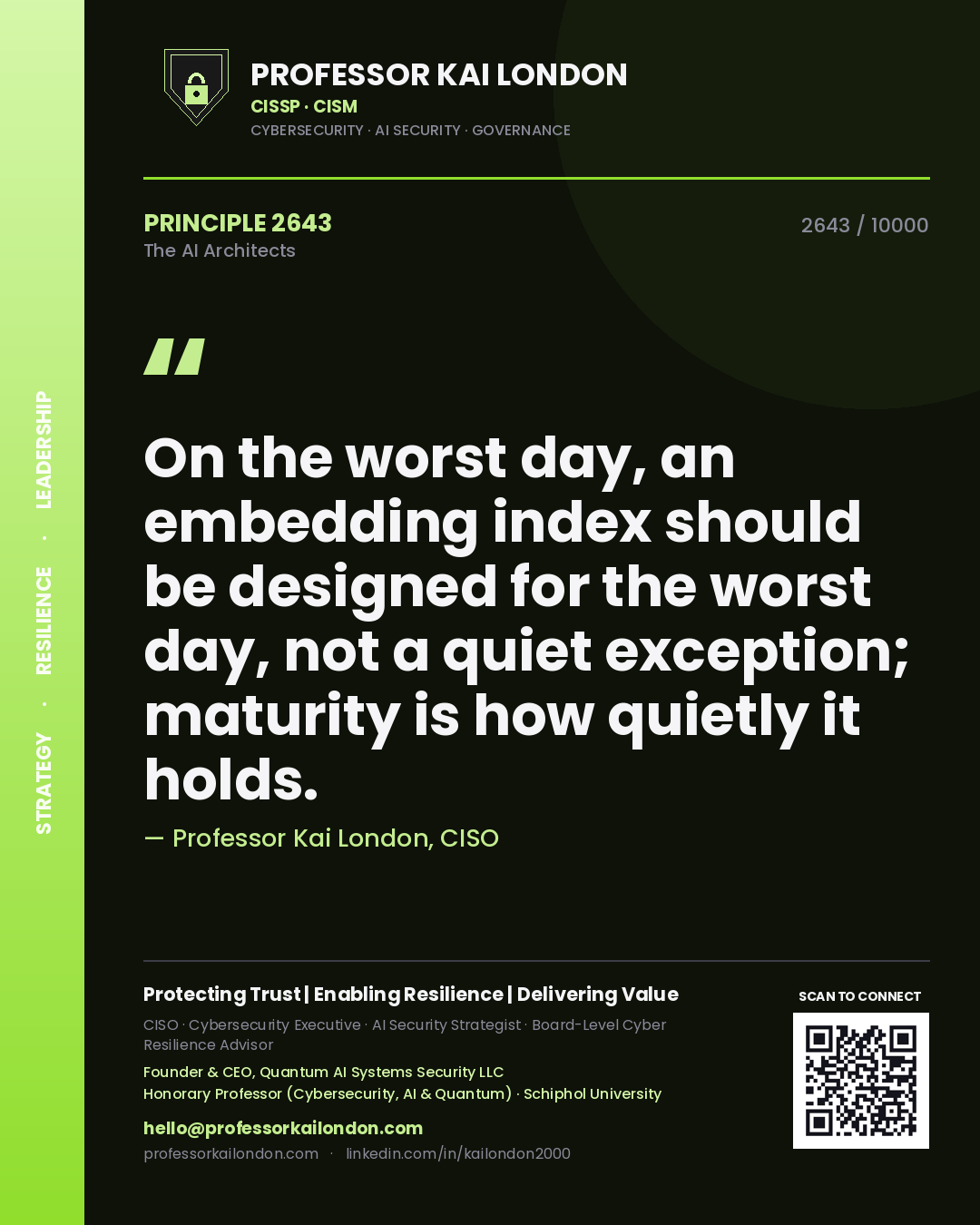 Quote card by Professor Kai London reading 'On the worst day, an embedding index should be designed for the worst day, not a quiet exception; maturity is how quietly it holds.'. From the book The AI Architects.