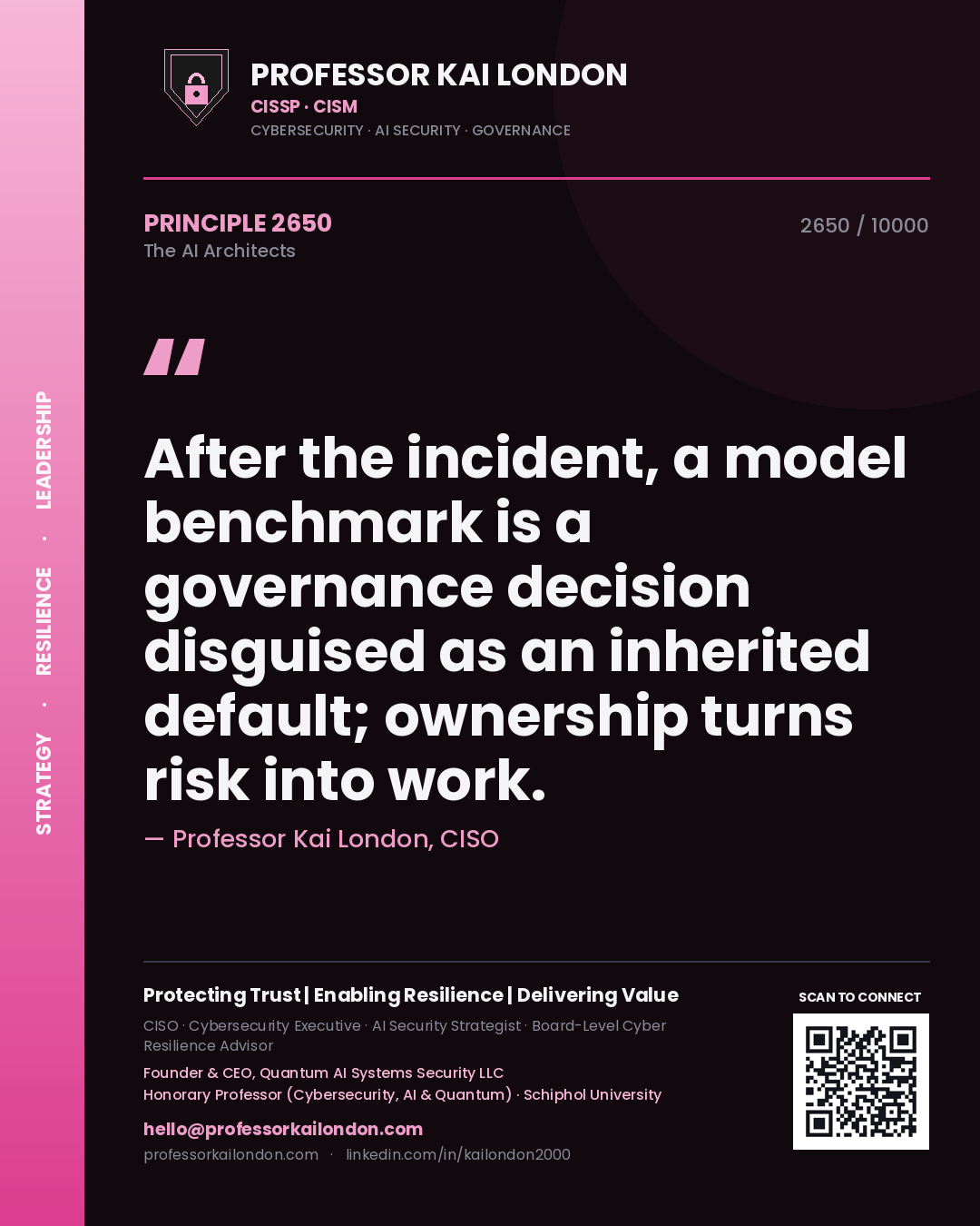 Quote card by Professor Kai London reading 'After the incident, a model benchmark is a governance decision disguised as an inherited default; ownership turns risk into work.'. From the book The AI Architects.