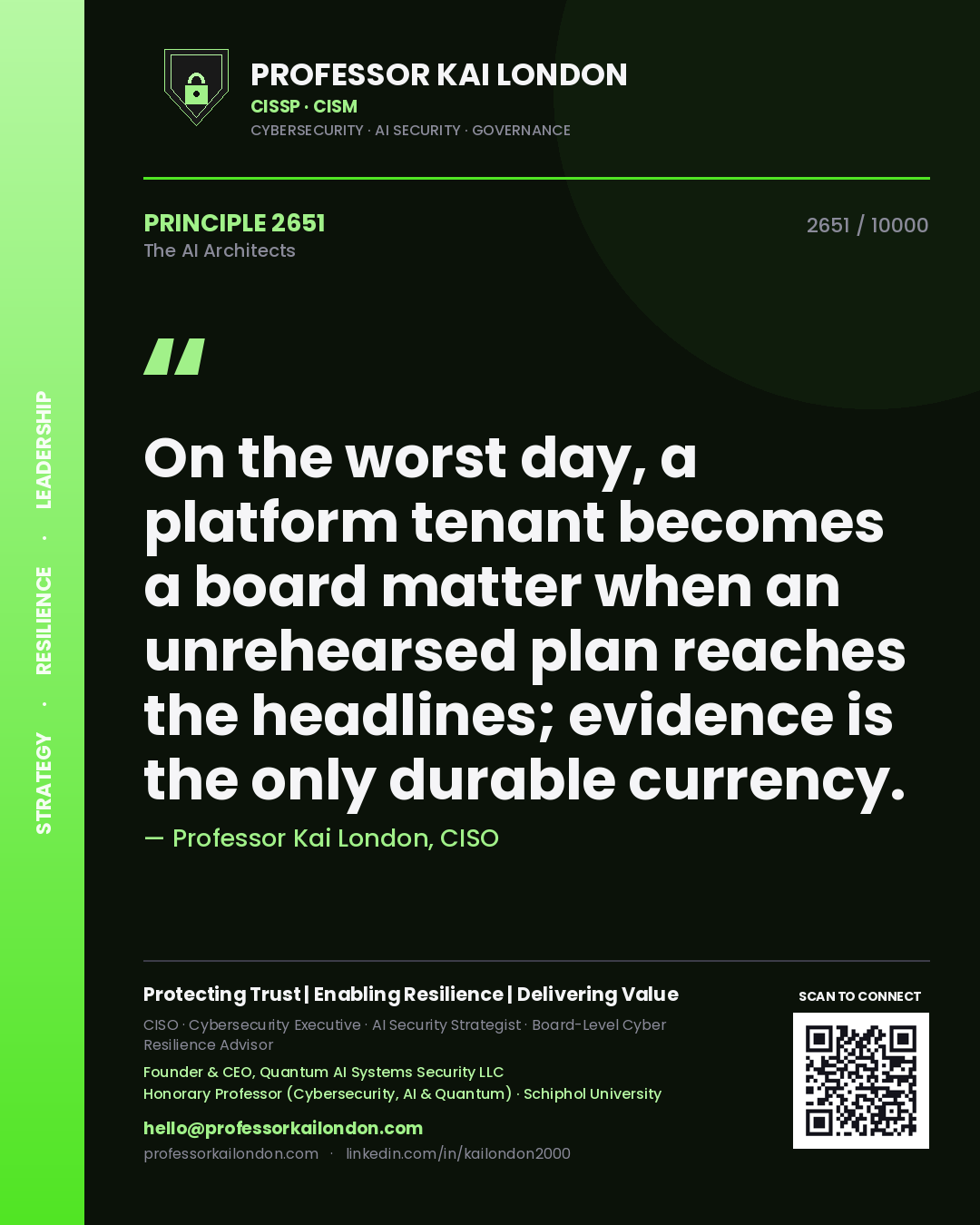 Quote card by Professor Kai London reading 'On the worst day, a platform tenant becomes a board matter when an unrehearsed plan reaches the headlines; evidence is the only durable currency.'. From the book The AI Architects.