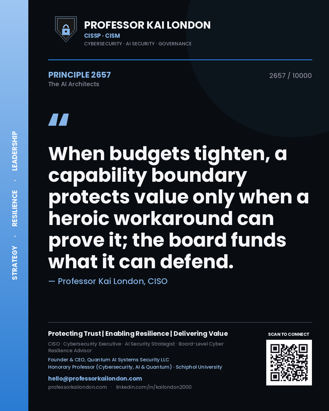 Quote card by Professor Kai London reading 'When budgets tighten, a capability boundary protects value only when a heroic workaround can prove it; the board funds what it can defend.'. From the book The AI Architects.