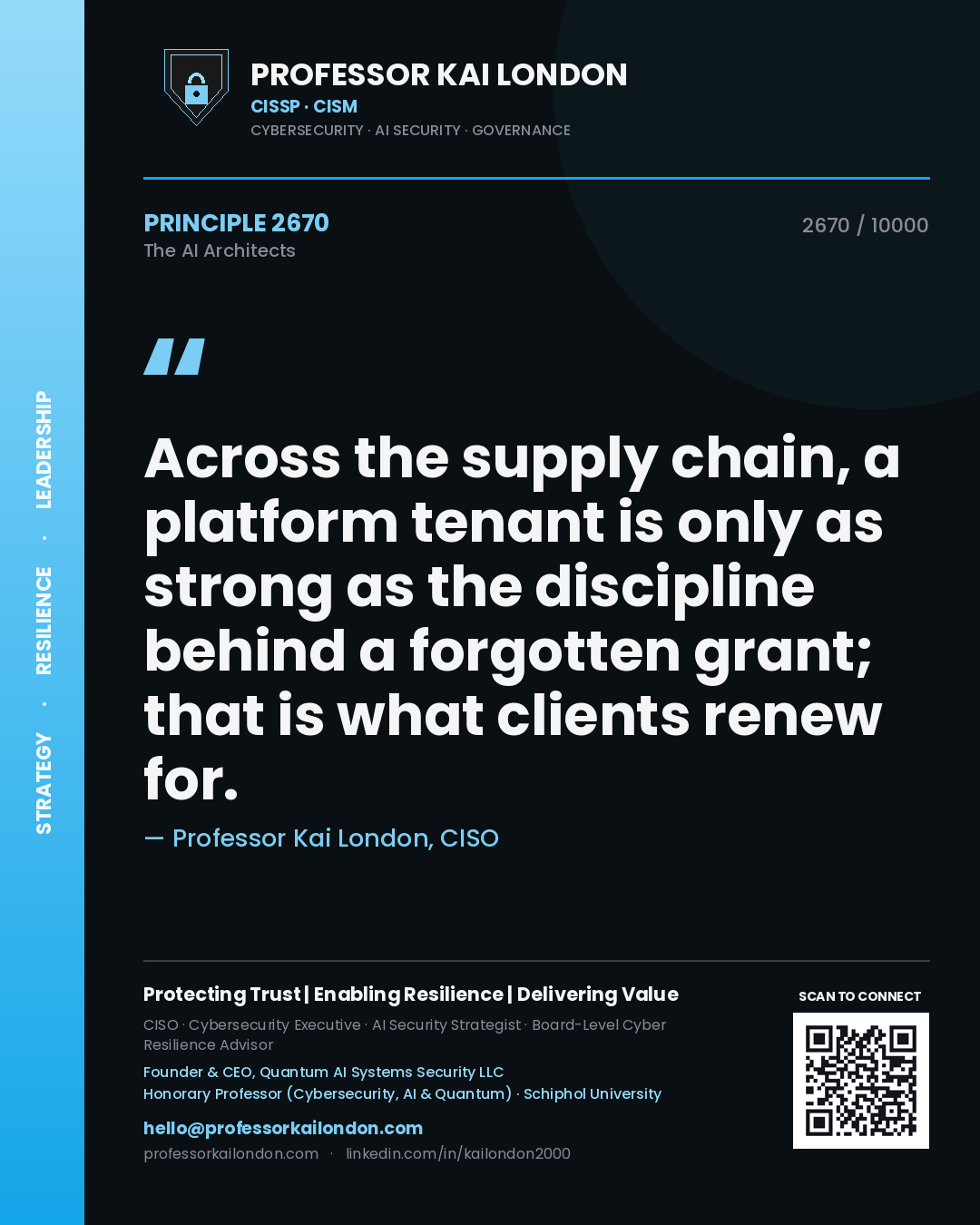Quote card by Professor Kai London reading 'Across the supply chain, a platform tenant is only as strong as the discipline behind a forgotten grant; that is what clients renew for.'. From the book The AI Architects.