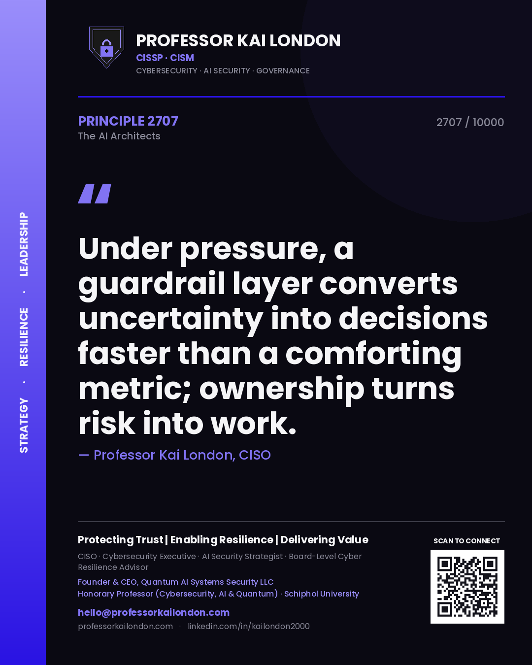 Quote card by Professor Kai London reading 'Under pressure, a guardrail layer converts uncertainty into decisions faster than a comforting metric; ownership turns risk into work.'. From the book The AI Architects.