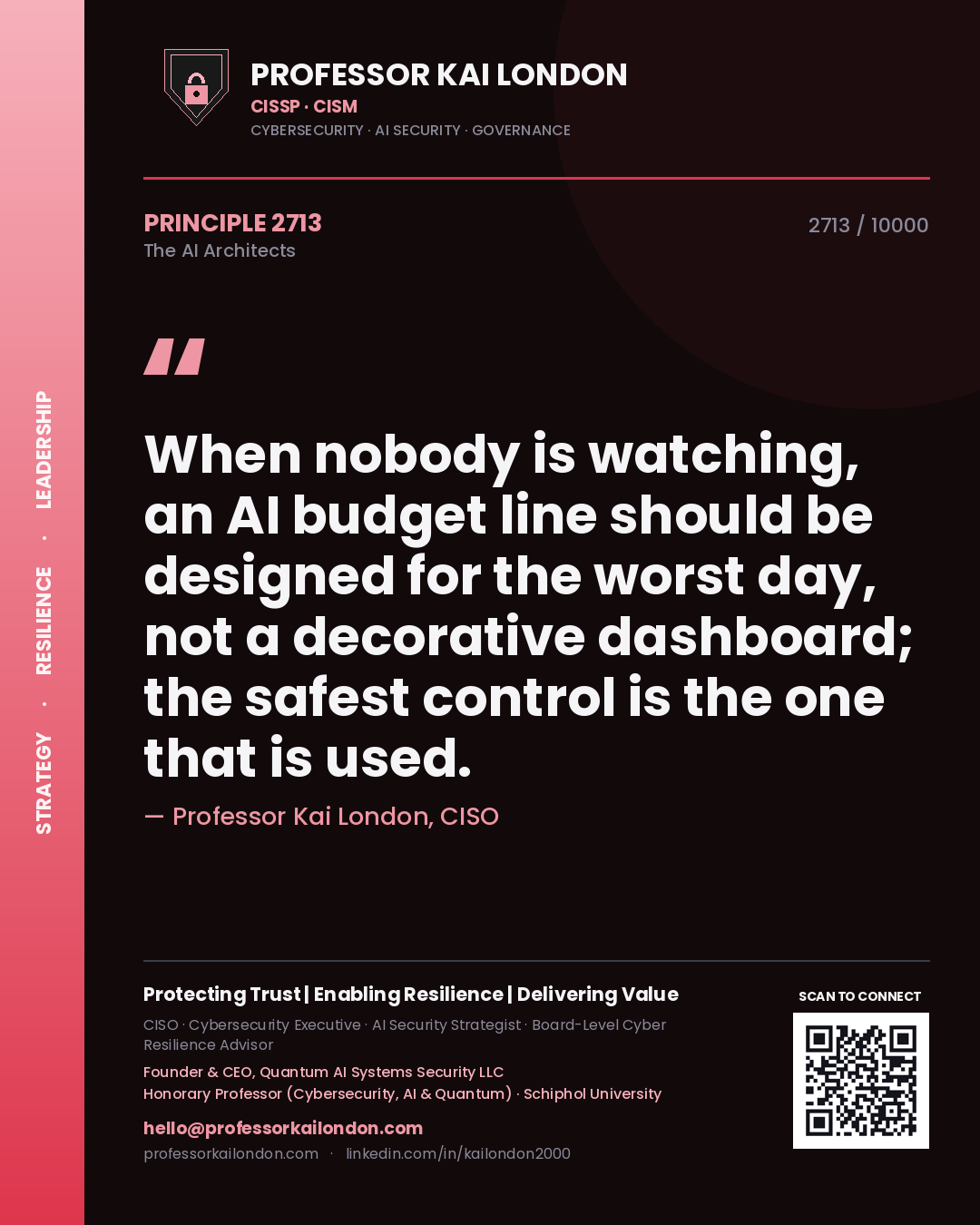 Professor Kai London principle 2713: When nobody is watching, an AI budget line should be designed for the worst day, not a decorative dashboard; the safest control is the one that is used.