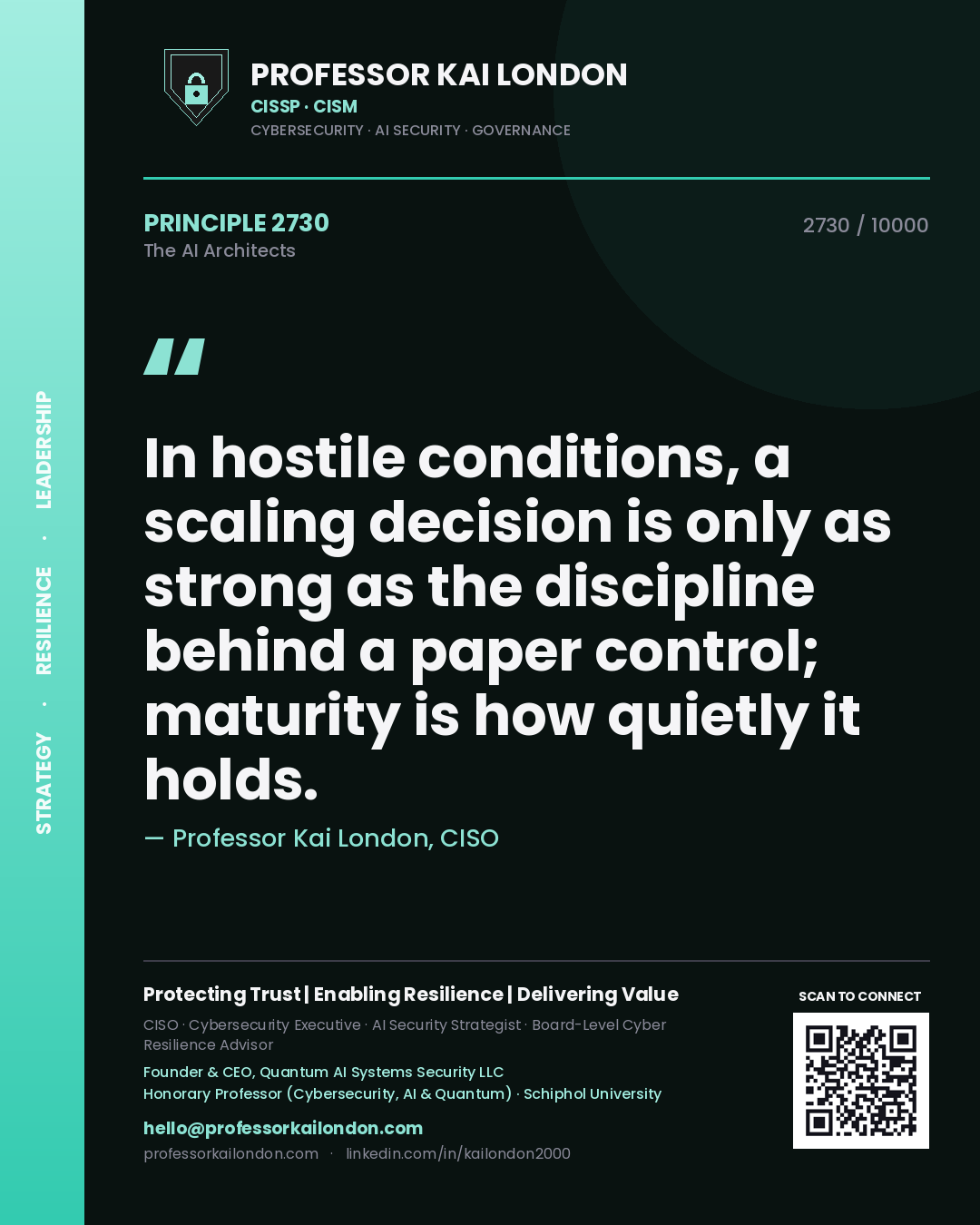 Quote card by Professor Kai London reading 'In hostile conditions, a scaling decision is only as strong as the discipline behind a paper control; maturity is how quietly it holds.'. From the book The AI Architects.