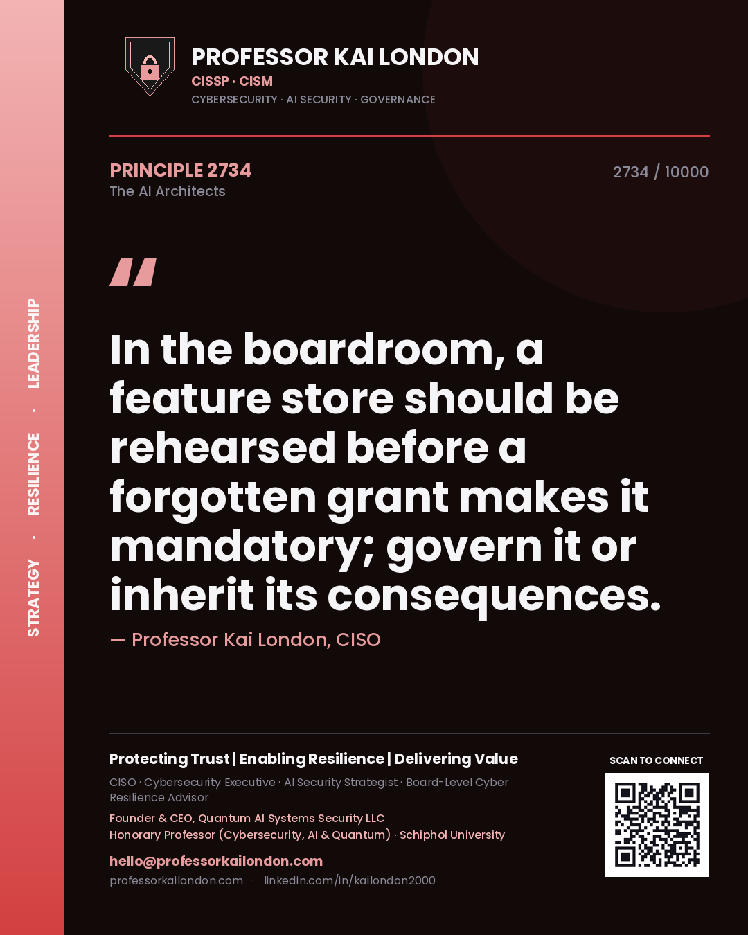 Quote card by Professor Kai London reading 'In the boardroom, a feature store should be rehearsed before a forgotten grant makes it mandatory; govern it or inherit its consequences.'. From the book The AI Architects.