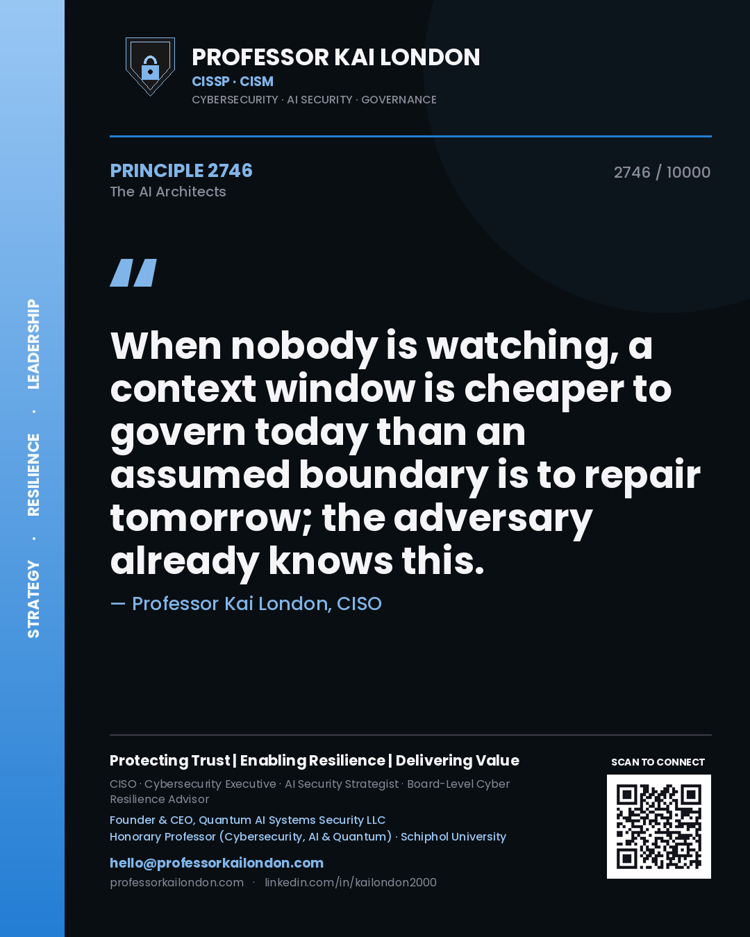Professor Kai London principle 2746: When nobody is watching, a context window is cheaper to govern today than an assumed boundary is to repair tomorrow; the adversary already knows this.