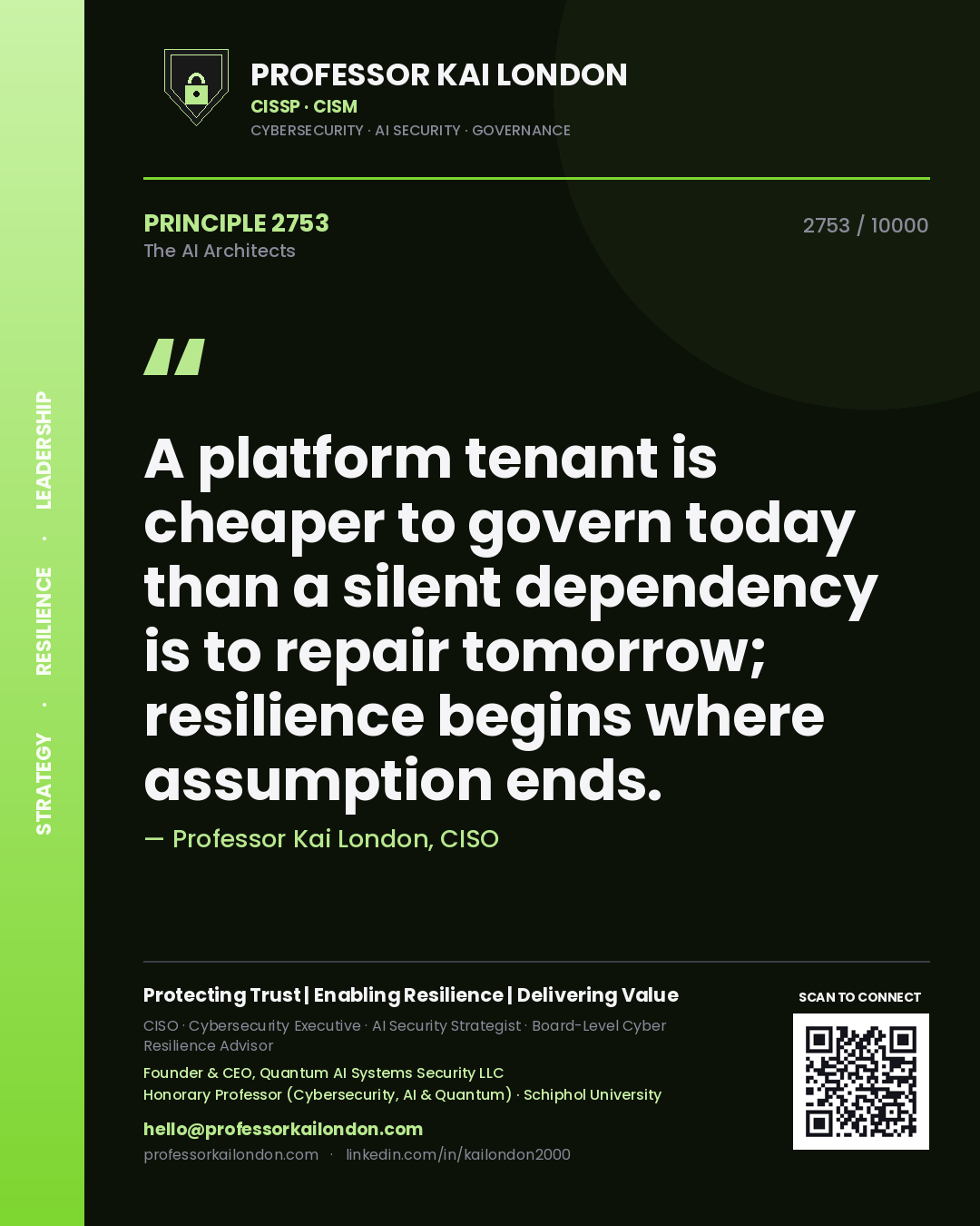 Quote card by Professor Kai London reading 'A platform tenant is cheaper to govern today than a silent dependency is to repair tomorrow; resilience begins where assumption ends.'. From the book The AI Architects.