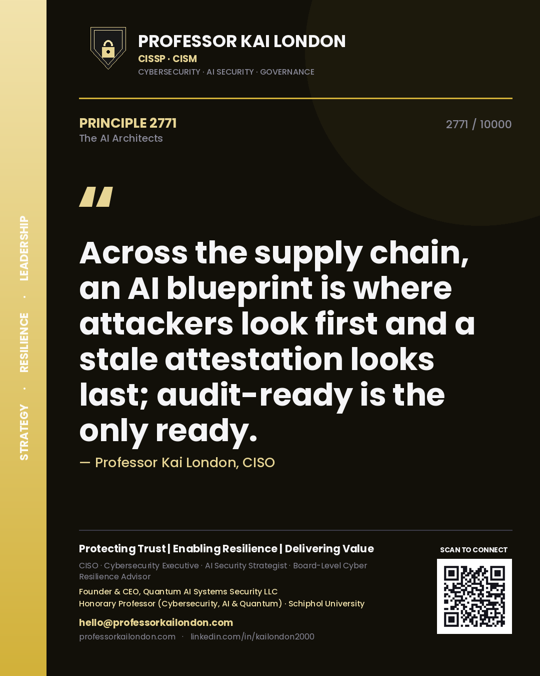 Professor Kai London principle 2771: Across the supply chain, an AI blueprint is where attackers look first and a stale attestation looks last; audit-ready is the only ready.