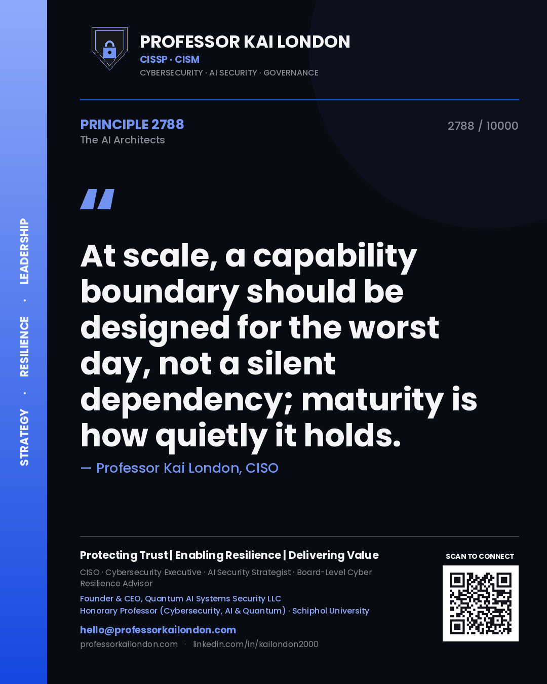 Quote card by Professor Kai London reading 'At scale, a capability boundary should be designed for the worst day, not a silent dependency; maturity is how quietly it holds.'. From the book The AI Architects.