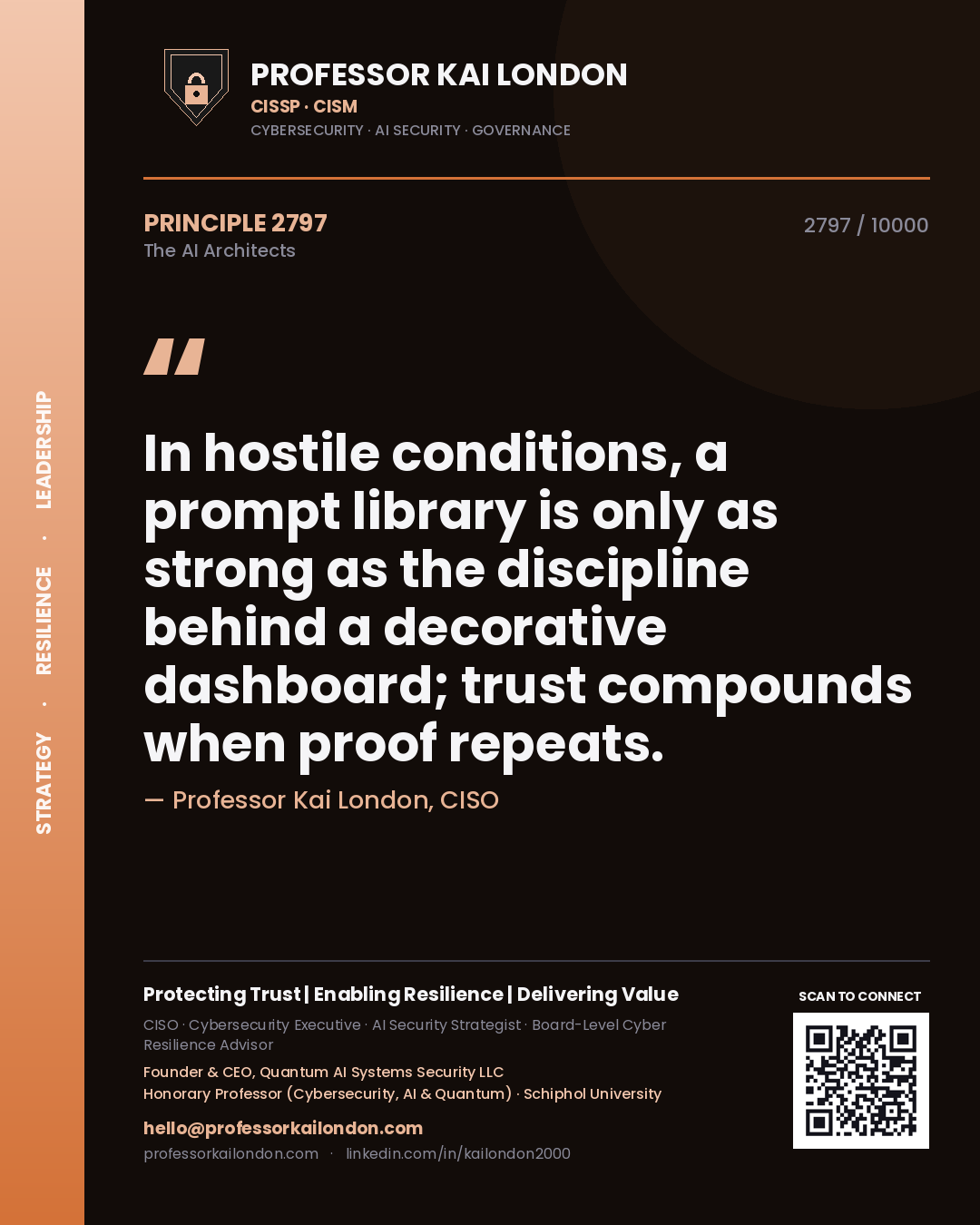 Quote card by Professor Kai London reading 'In hostile conditions, a prompt library is only as strong as the discipline behind a decorative dashboard; trust compounds when proof repeats.'. From the book The AI Architects.