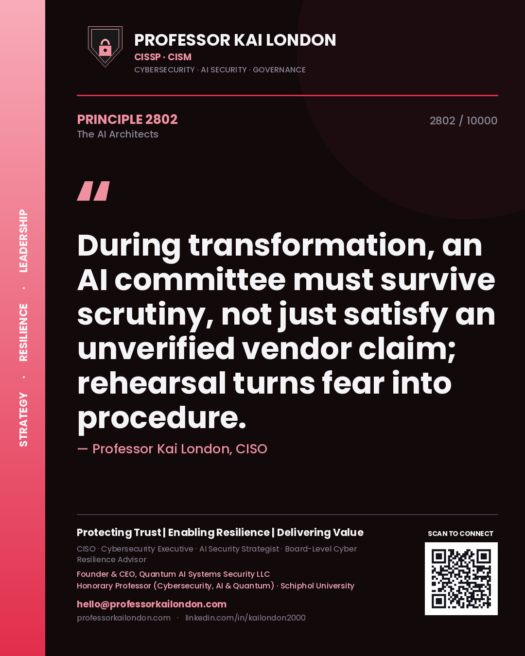 Professor Kai London principle 2802: During transformation, an AI committee must survive scrutiny, not just satisfy an unverified vendor claim; rehearsal turns fear into procedure.