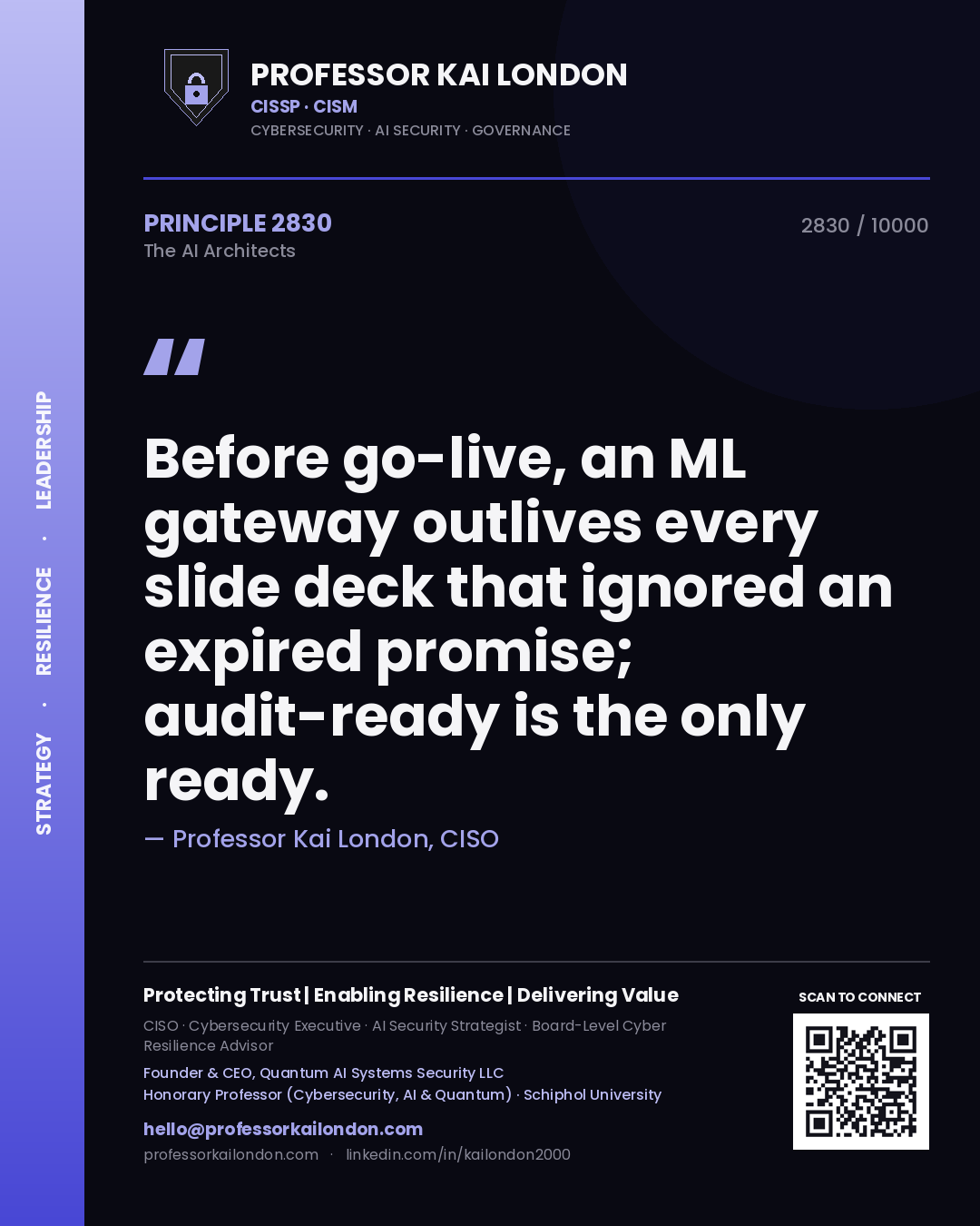 Quote card by Professor Kai London reading 'Before go-live, an ML gateway outlives every slide deck that ignored an expired promise; audit-ready is the only ready.'. From the book The AI Architects.