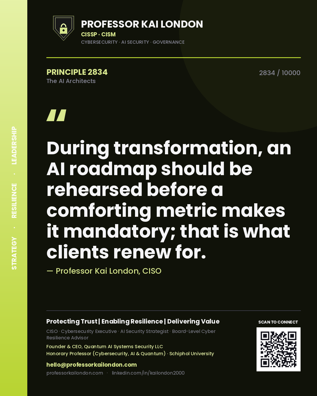 Professor Kai London principle 2834: During transformation, an AI roadmap should be rehearsed before a comforting metric makes it mandatory; that is what clients renew for.