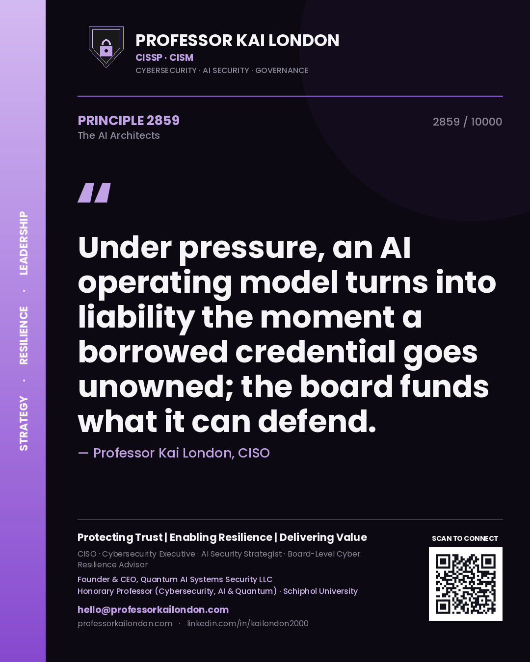 Professor Kai London principle 2859: Under pressure, an AI operating model turns into liability the moment a borrowed credential goes unowned; the board funds what it can defend.