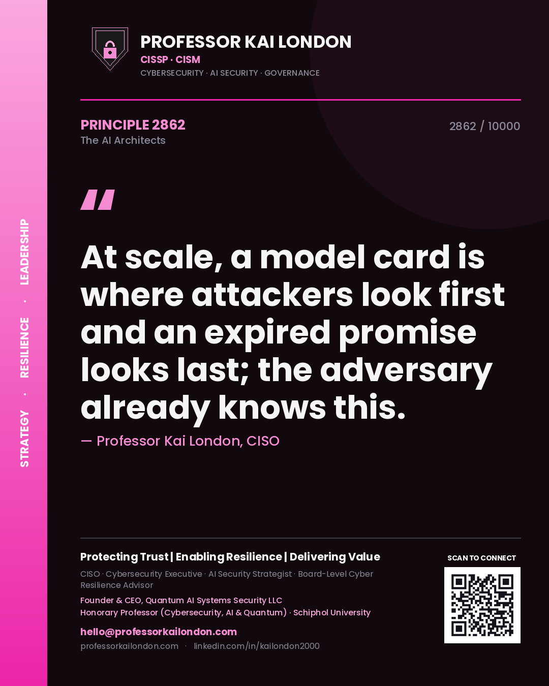 Professor Kai London principle 2862: At scale, a model card is where attackers look first and an expired promise looks last; the adversary already knows this.