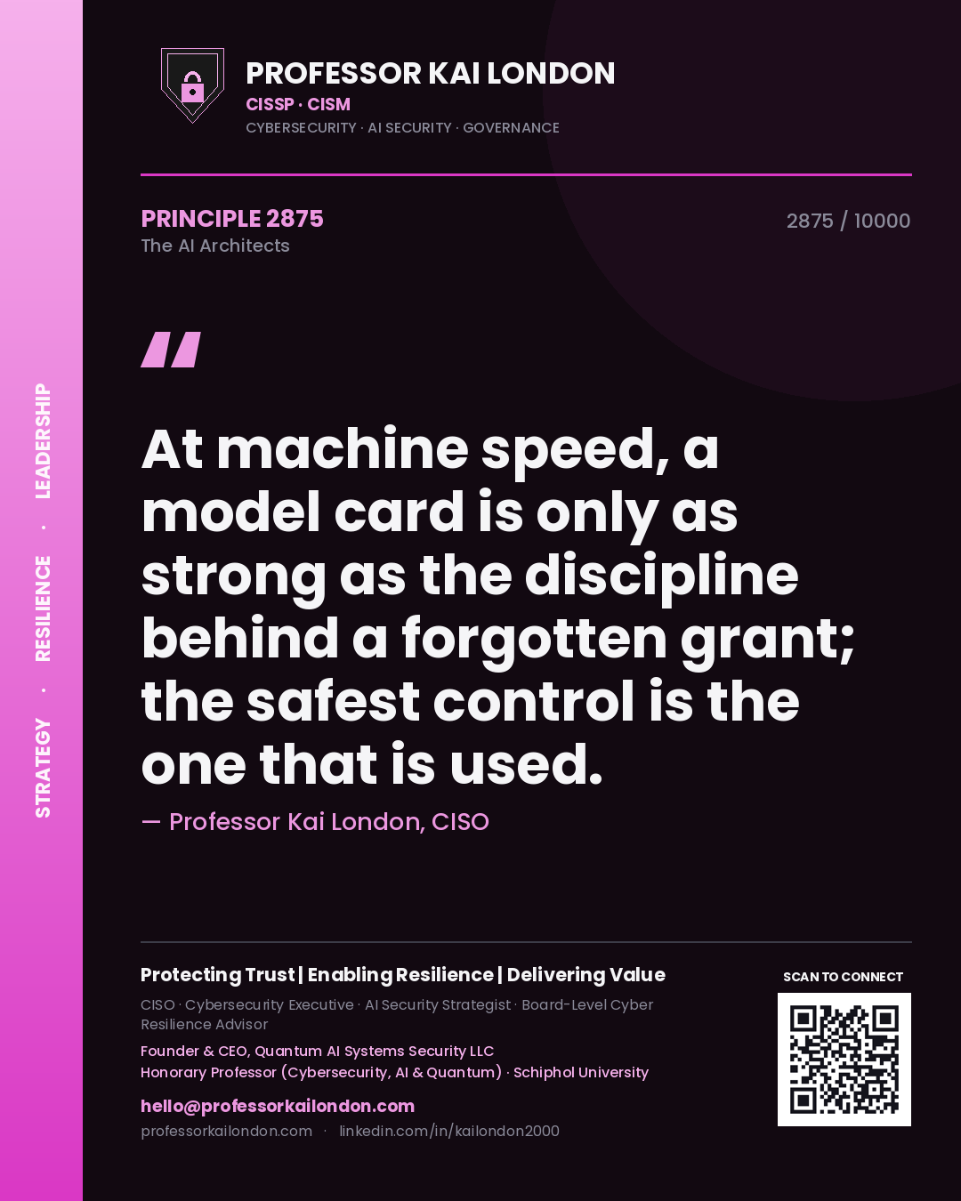 Professor Kai London principle 2875: At machine speed, a model card is only as strong as the discipline behind a forgotten grant; the safest control is the one that is used.