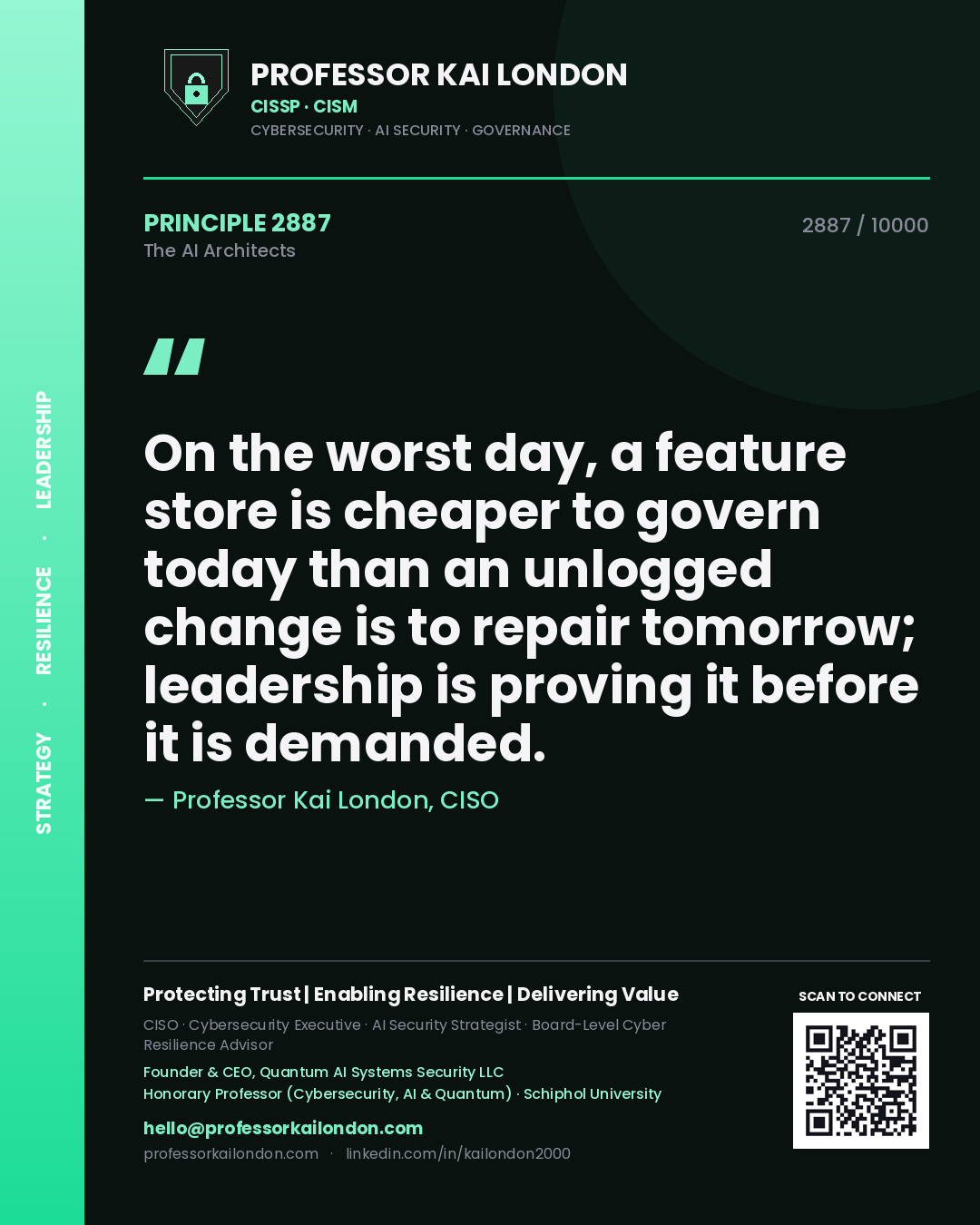 Quote card by Professor Kai London reading 'On the worst day, a feature store is cheaper to govern today than an unlogged change is to repair tomorrow; leadership is proving it before it is demanded.'. From the book The AI Architects.