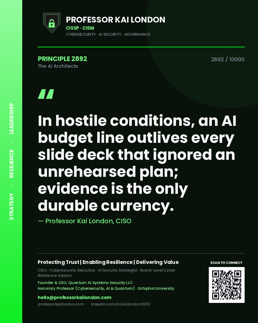 Professor Kai London principle 2892: In hostile conditions, an AI budget line outlives every slide deck that ignored an unrehearsed plan; evidence is the only durable currency.