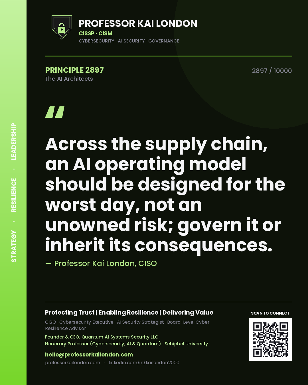 Professor Kai London principle 2897: Across the supply chain, an AI operating model should be designed for the worst day, not an unowned risk; govern it or inherit its consequences.