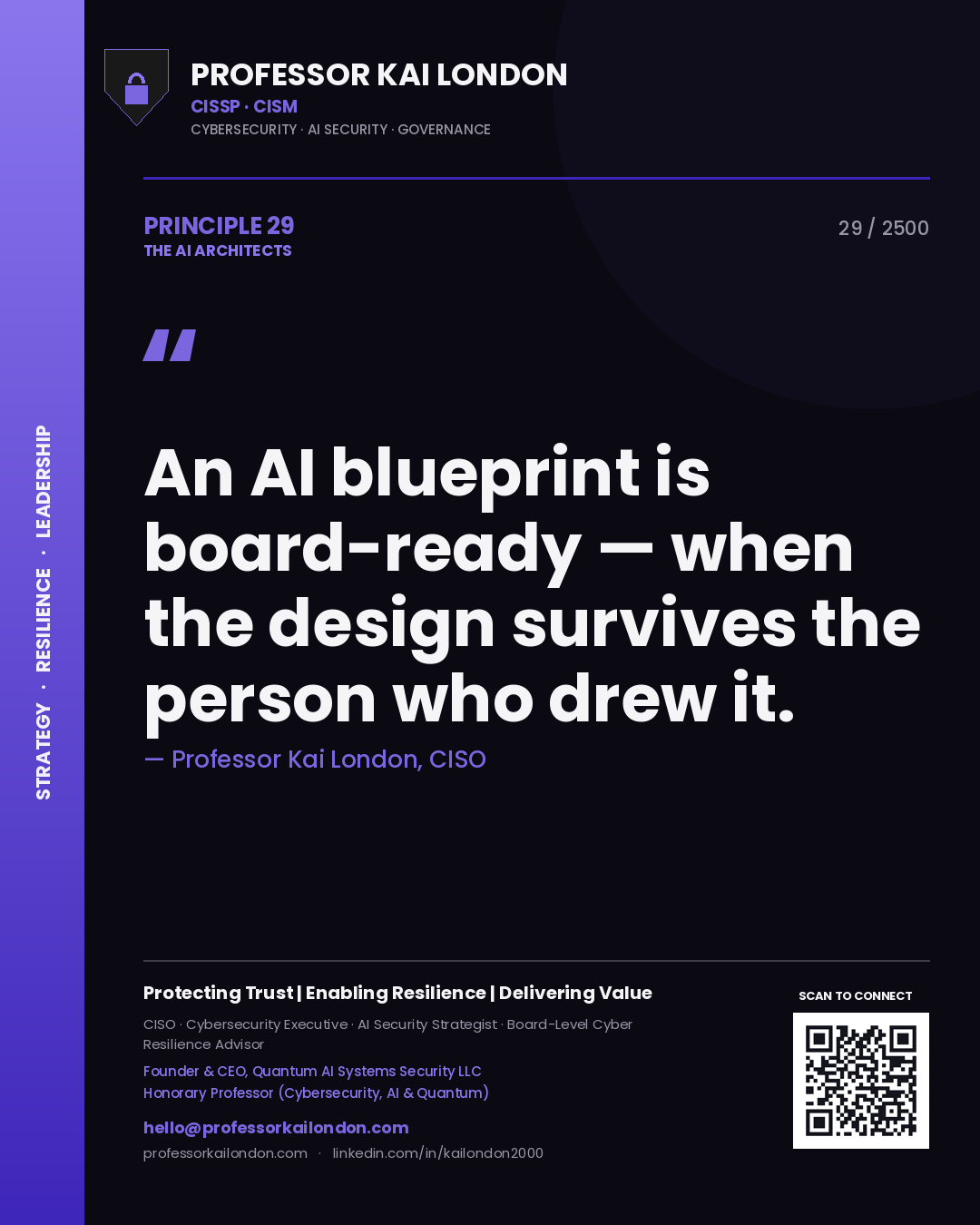 Quote card by Professor Kai London reading 'An AI blueprint is board-ready — when the design survives the person who drew it.'. From the book The AI Architects.
