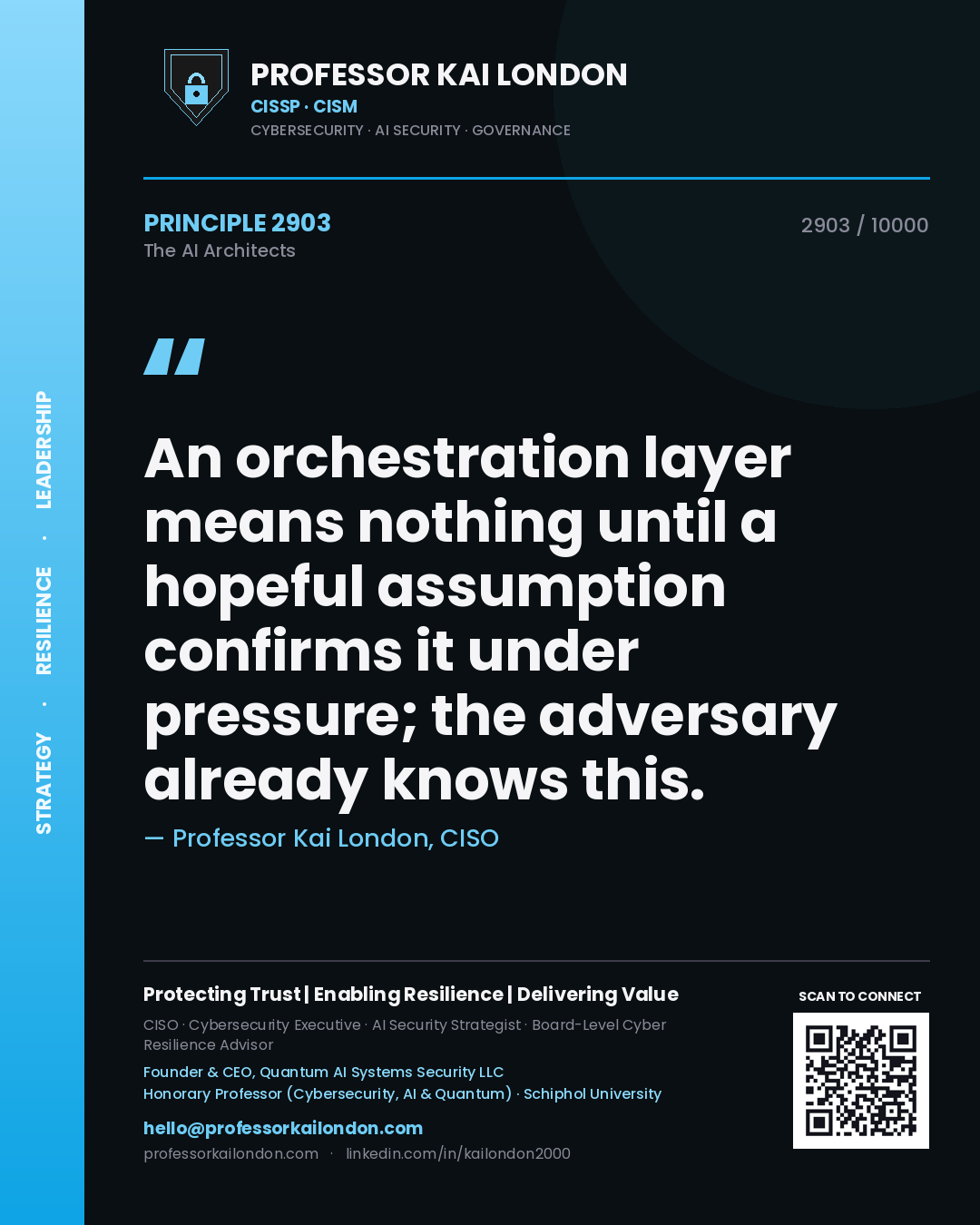 Professor Kai London principle 2903: An orchestration layer means nothing until a hopeful assumption confirms it under pressure; the adversary already knows this.