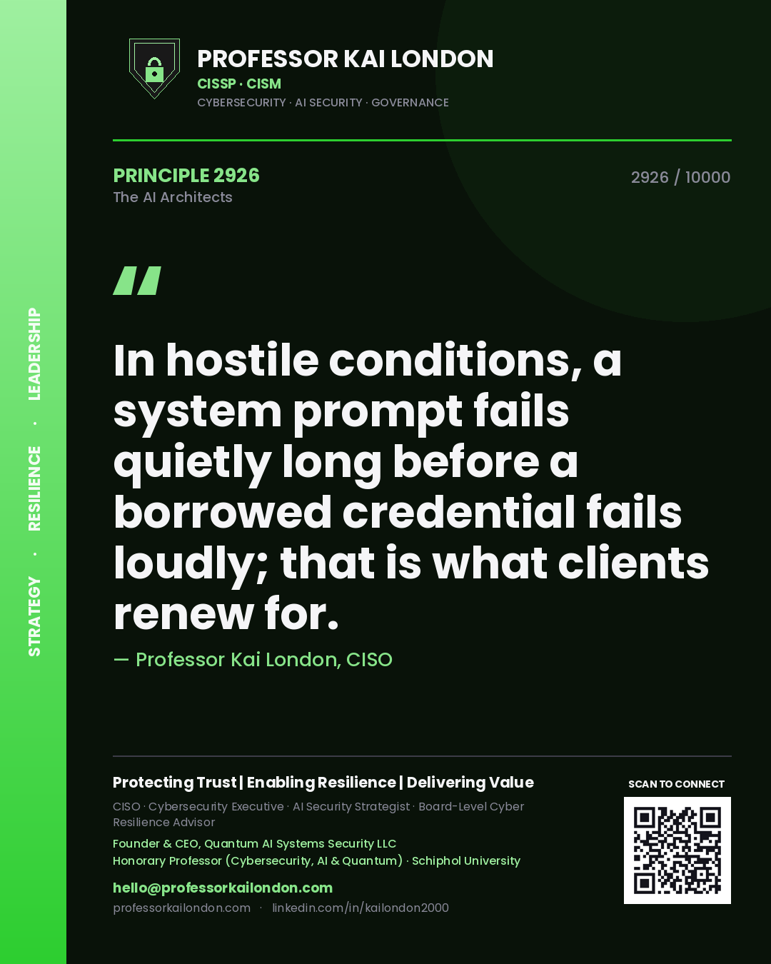 Professor Kai London principle 2926: In hostile conditions, a system prompt fails quietly long before a borrowed credential fails loudly; that is what clients renew for.