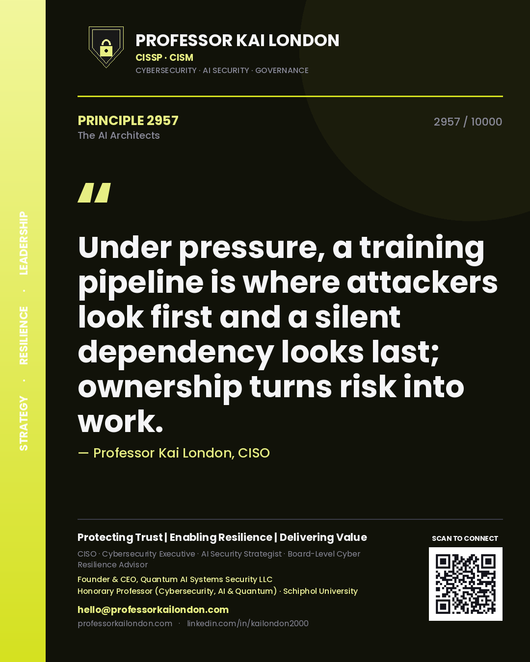 Professor Kai London principle 2957: Under pressure, a training pipeline is where attackers look first and a silent dependency looks last; ownership turns risk into work.